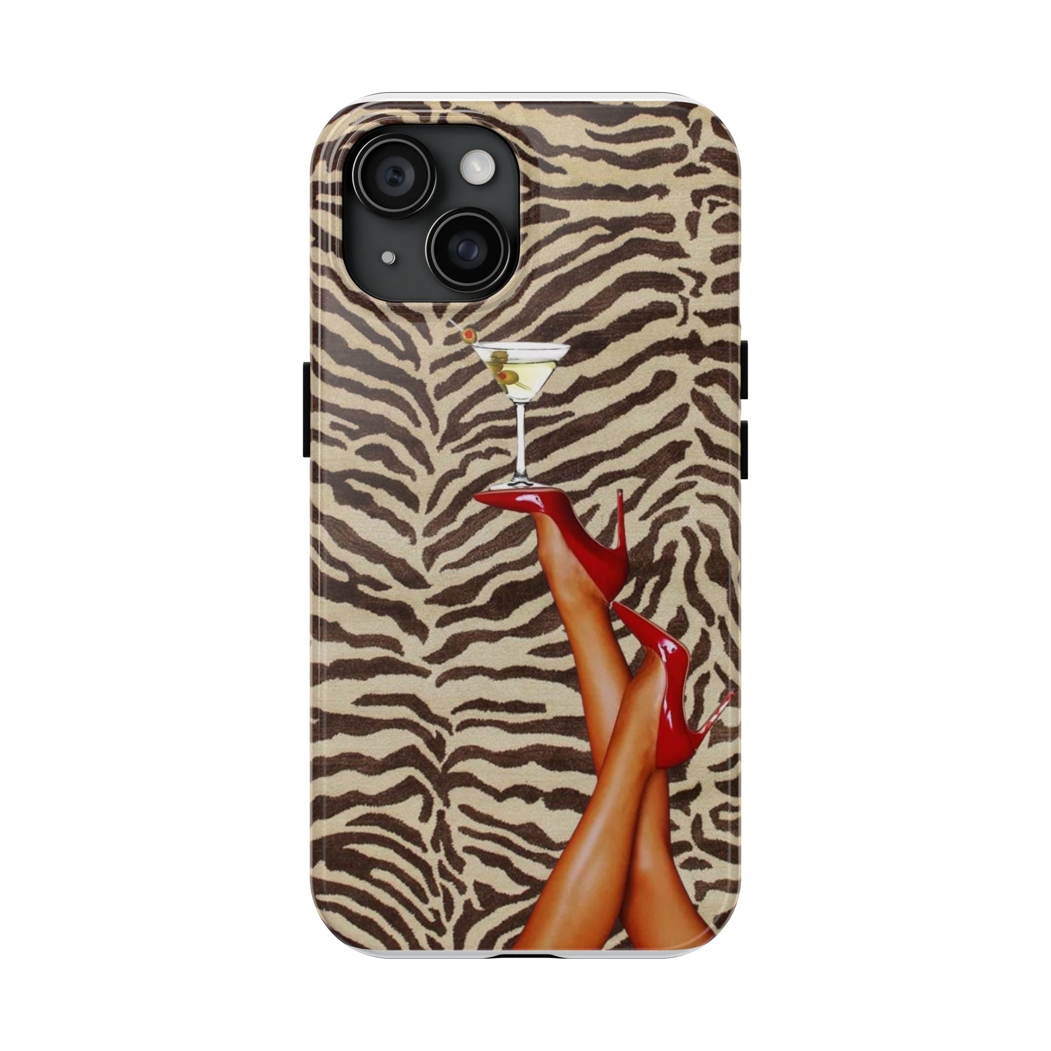 Zebra Glam Tough Phone Case — Martini & Red Heels Retro Style