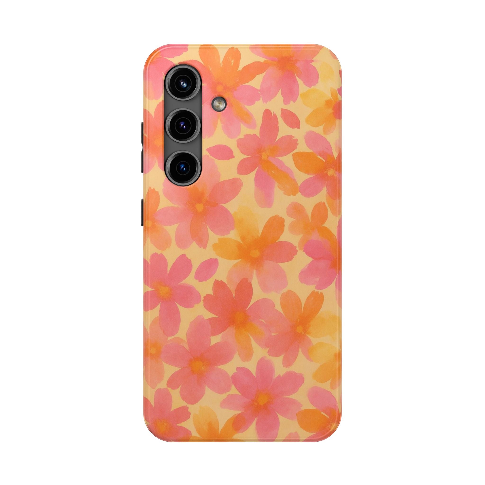 Floral Watercolor Tough Phone Case — Pink & Orange Bloom Protective Cover
