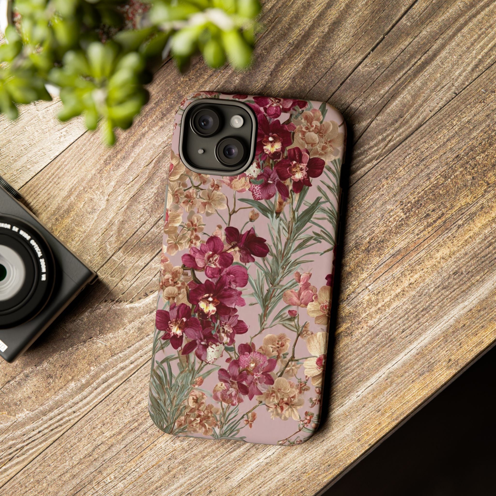 Floral Orchid Tough Phone Case — Vintage Pink Burgundy Protection