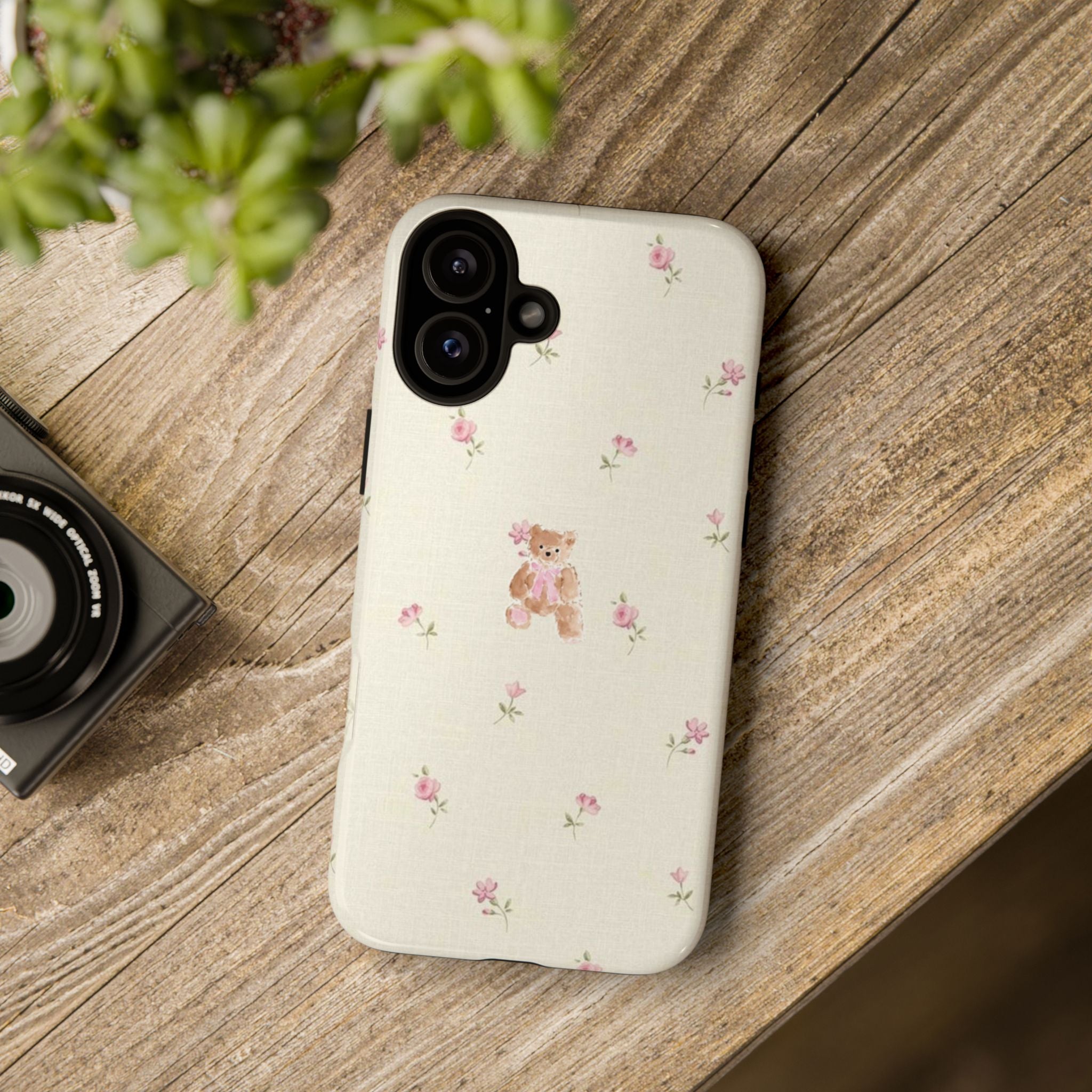 Teddy Floral Tough Phone Case — Cute Pastel Bear & Rose Pattern