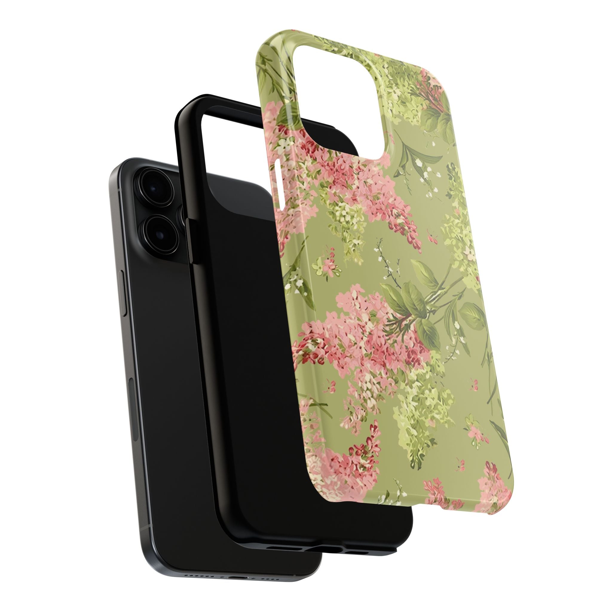 Floral Green Tough Phone Case — Vintage Pink Hydrangea Protective Phone Cover