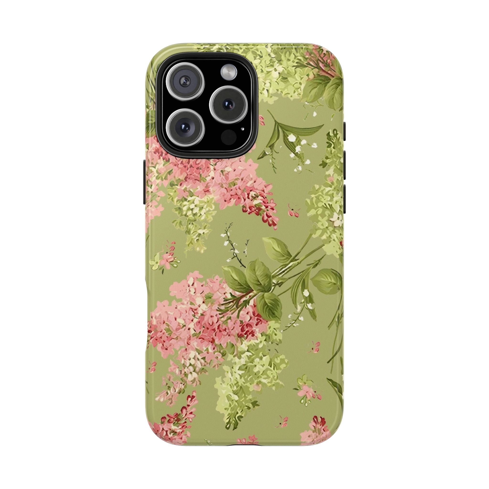 Floral Green Tough Phone Case — Vintage Pink Hydrangea Protective Phone Cover