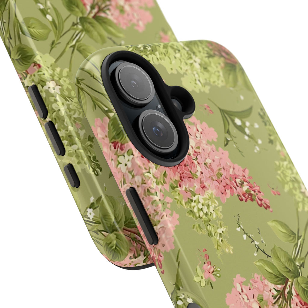 Floral Green Tough Phone Case — Vintage Pink Hydrangea Protective Phone Cover
