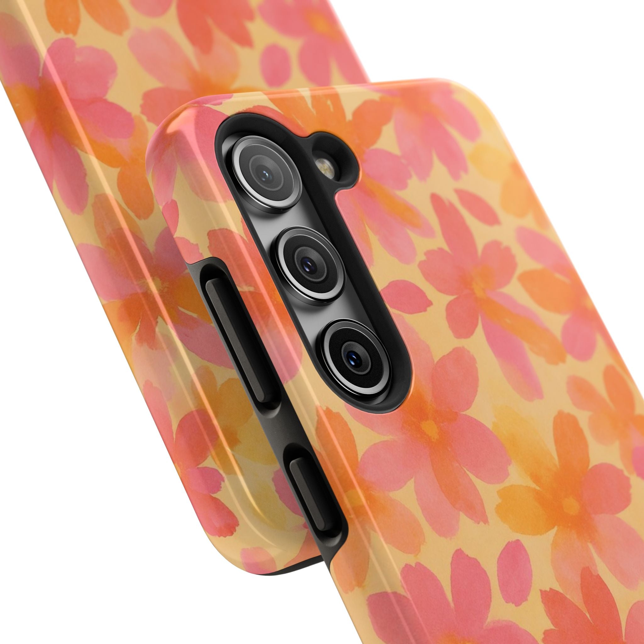 Floral Watercolor Tough Phone Case — Pink & Orange Bloom Protective Cover