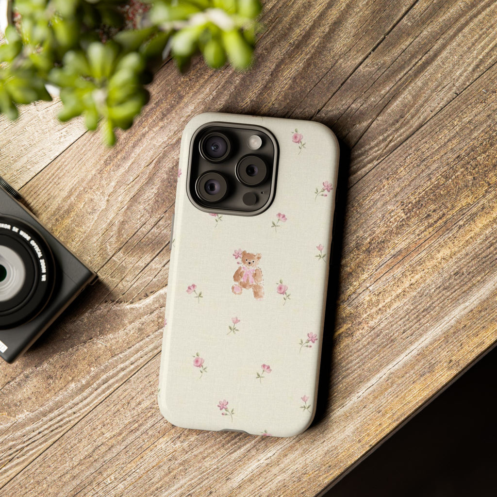 Teddy Floral Tough Phone Case — Cute Pastel Bear & Rose Pattern