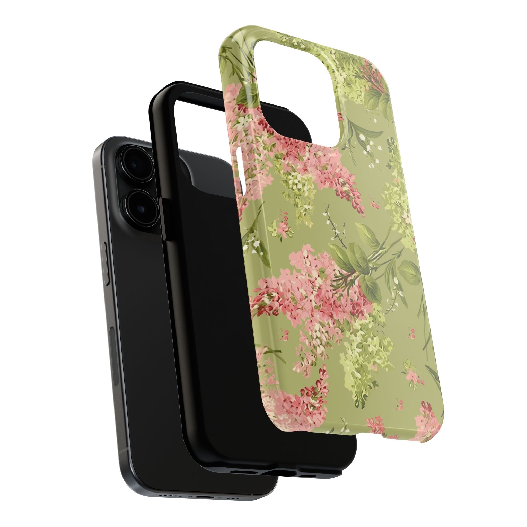 Floral Green Tough Phone Case — Vintage Pink Hydrangea Protective Phone Cover