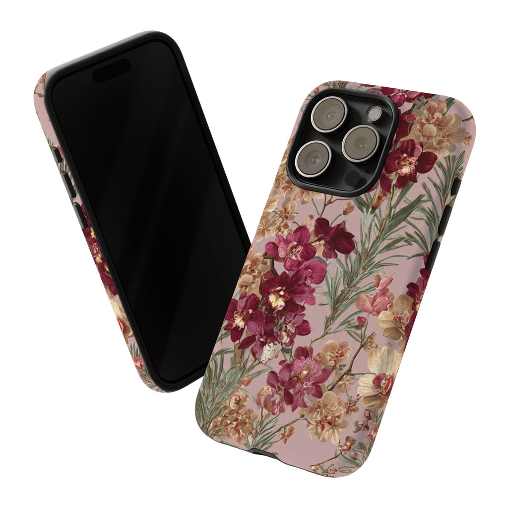 Floral Orchid Tough Phone Case — Vintage Pink Burgundy Protection