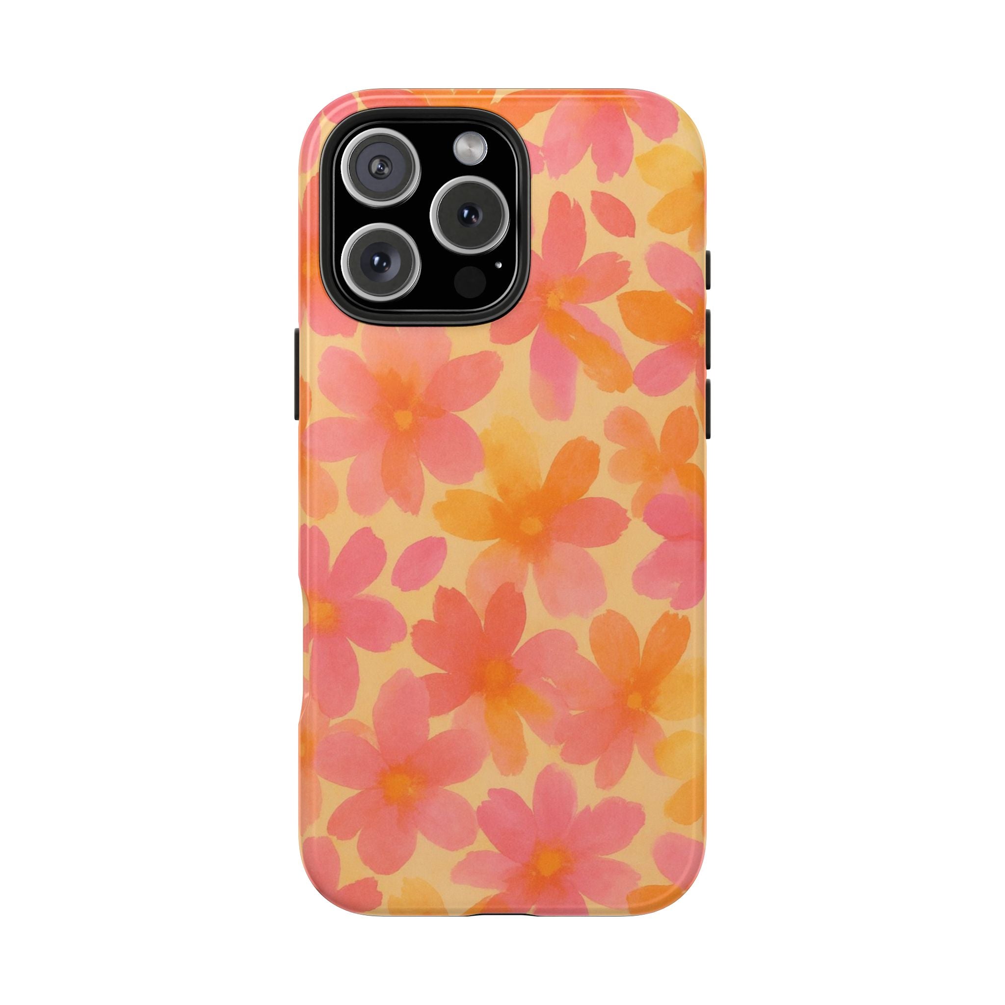 Floral Watercolor Tough Phone Case — Pink & Orange Bloom Protective Cover