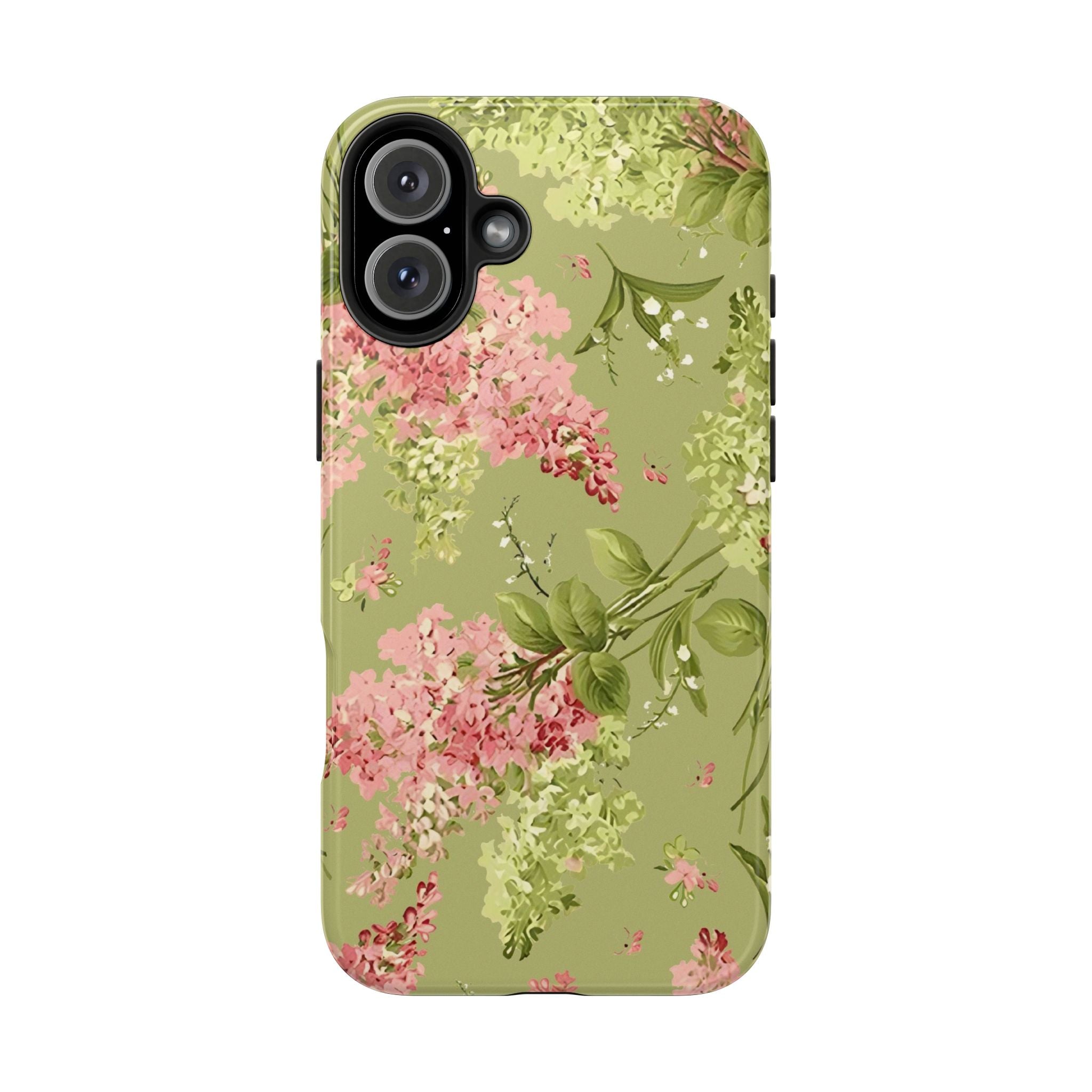 Floral Green Tough Phone Case — Vintage Pink Hydrangea Protective Phone Cover