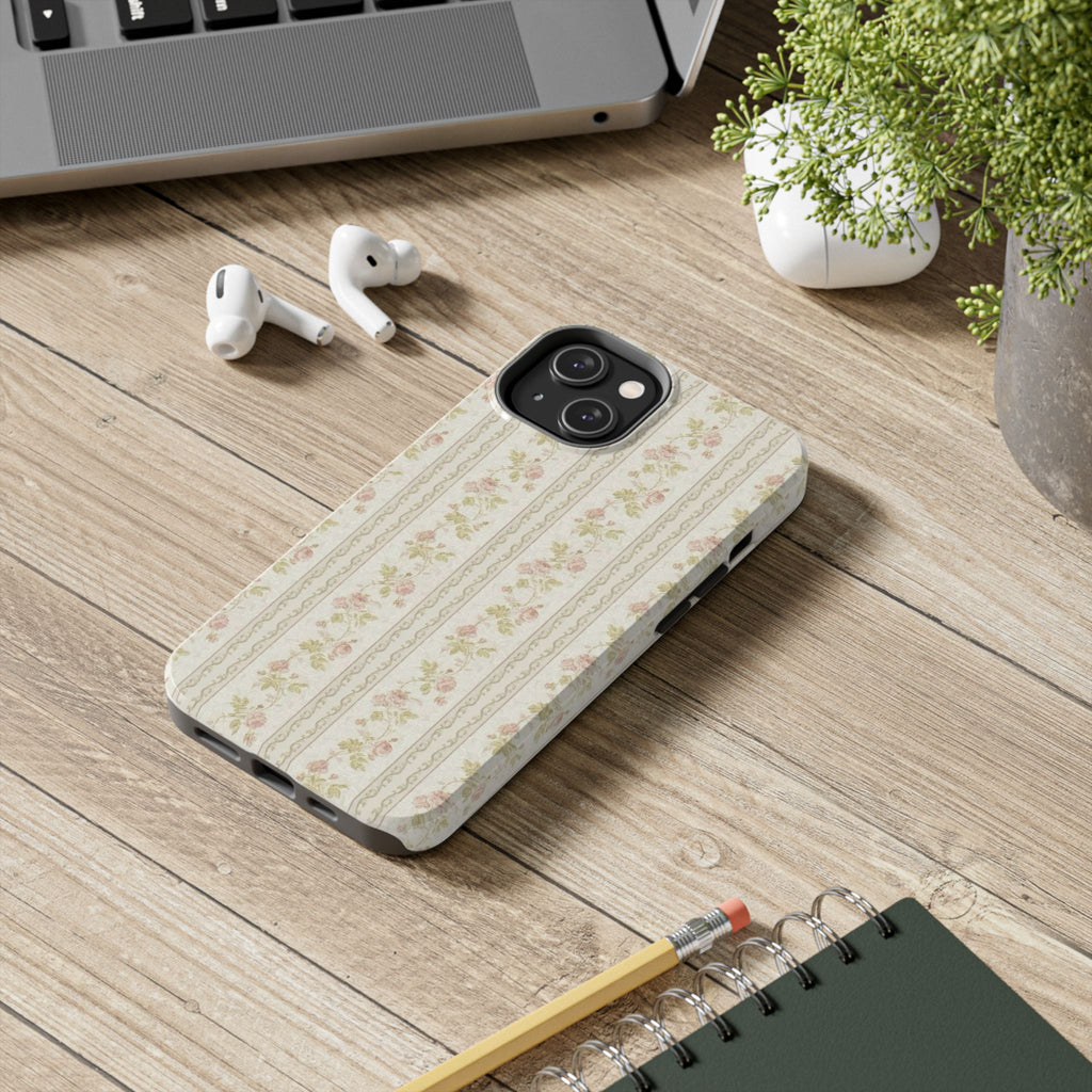 Vintage Floral Stripe Tough Phone Case — Shabby Chic Rose Protection