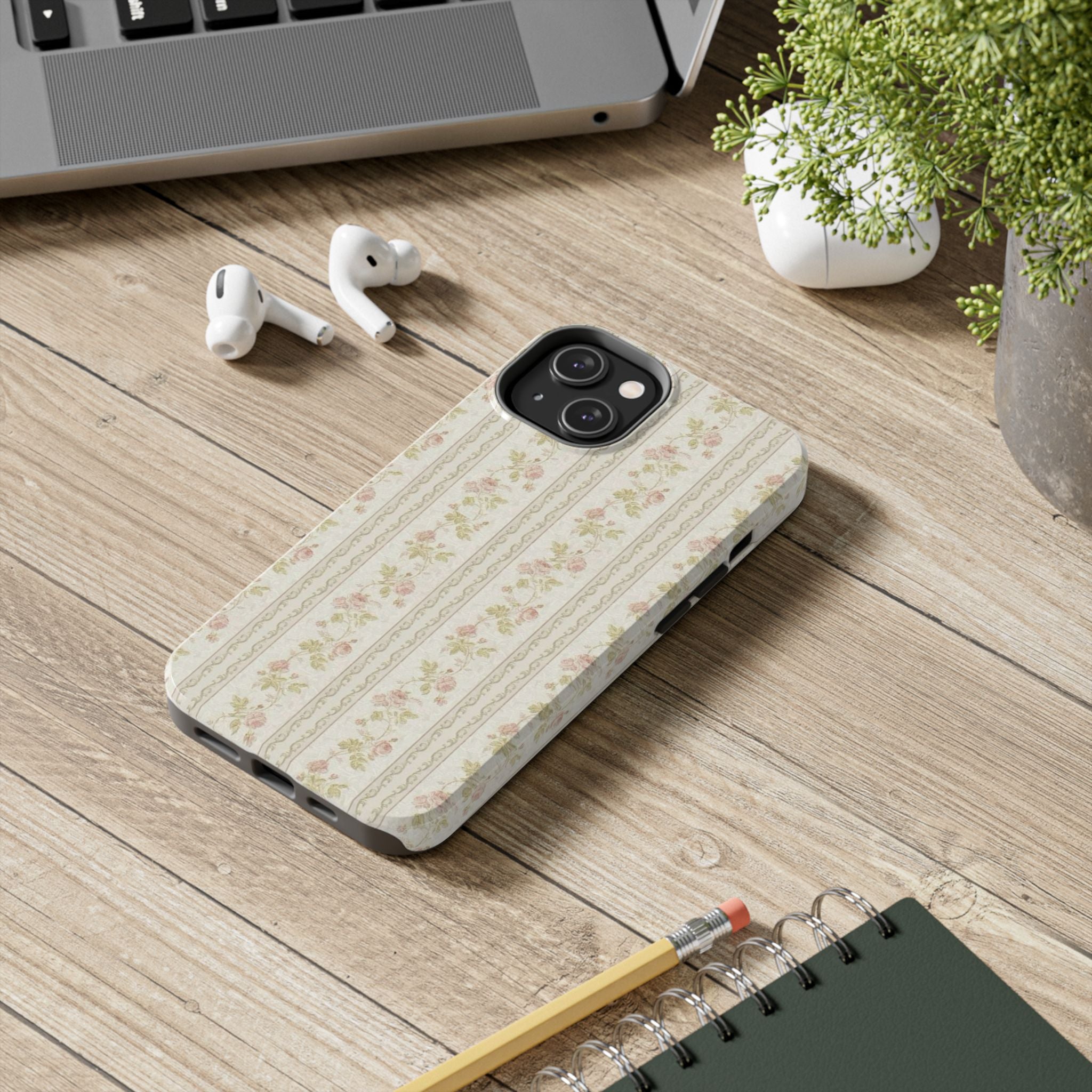Vintage Floral Stripe Tough Phone Case — Shabby Chic Rose Protection