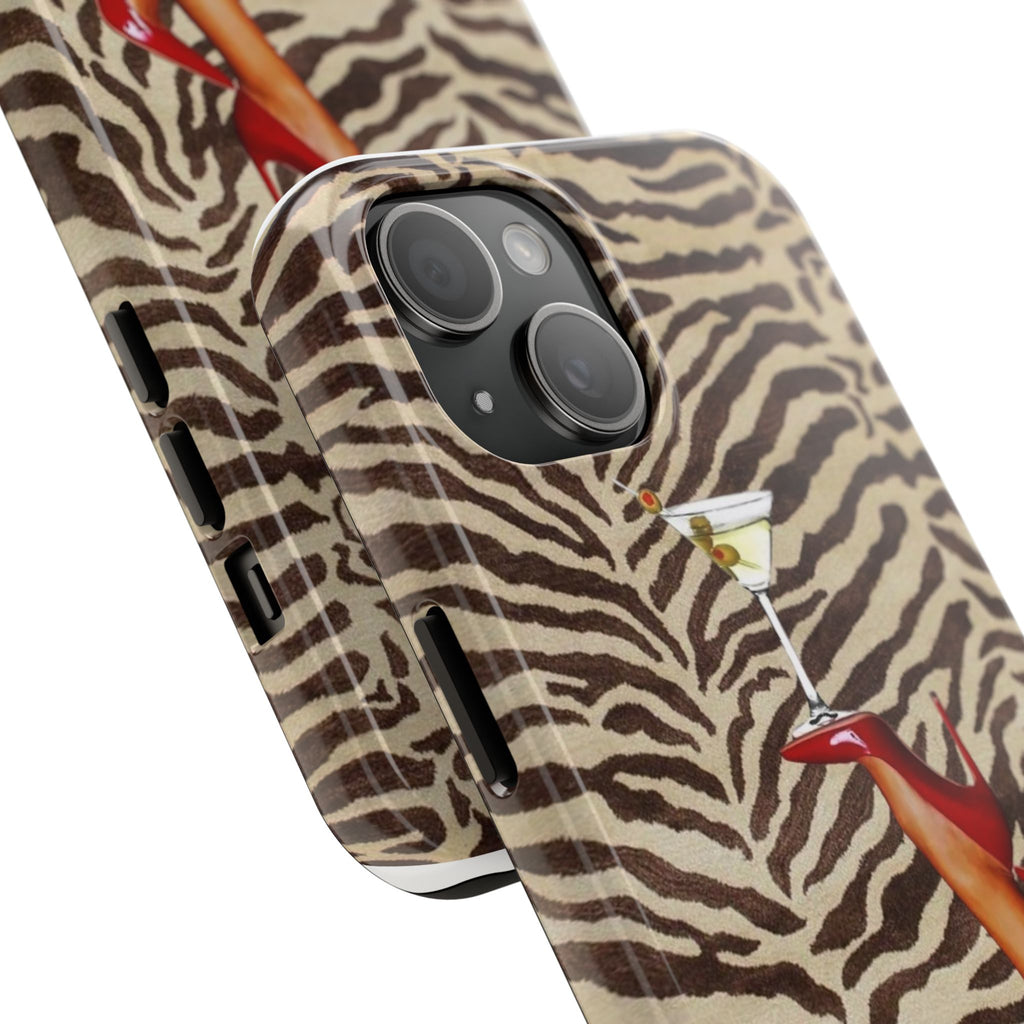 Zebra Glam Tough Phone Case — Martini & Red Heels Retro Style