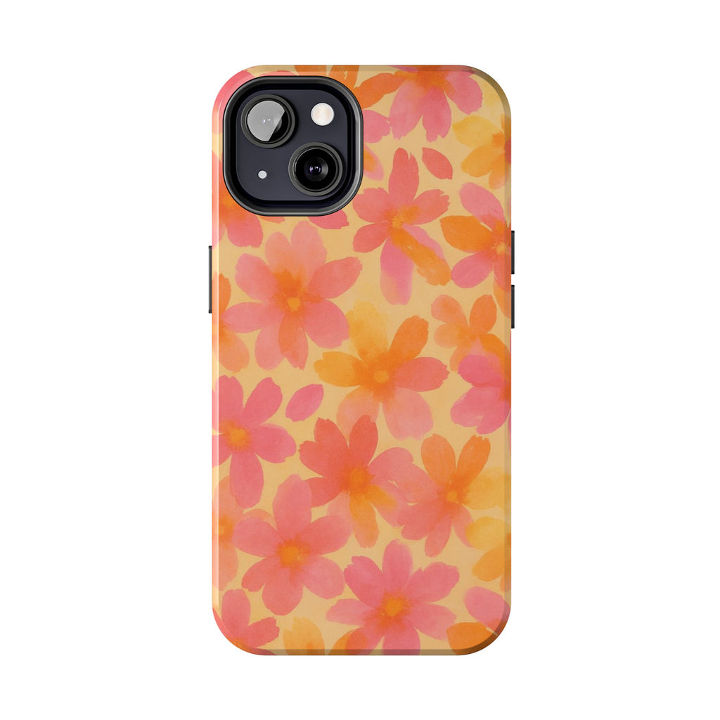 Floral Watercolor Tough Phone Case — Pink & Orange Bloom Protective Cover