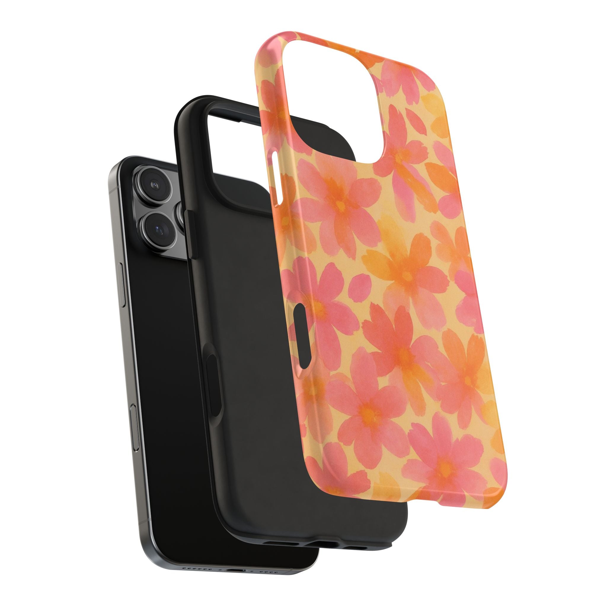 Floral Watercolor Tough Phone Case — Pink & Orange Bloom Protective Cover