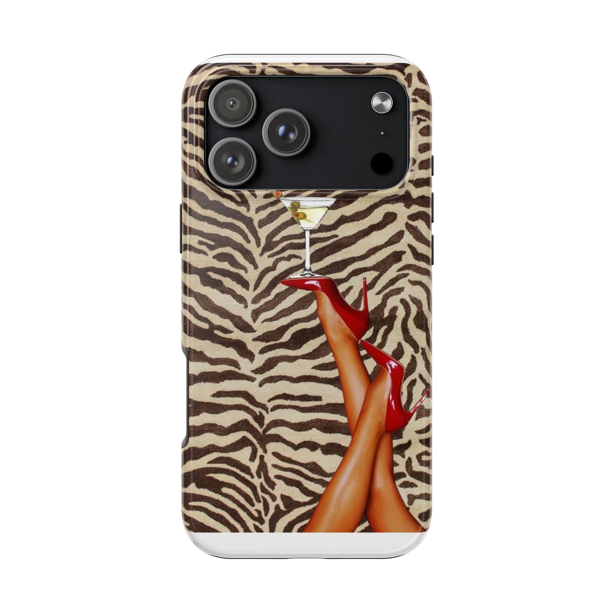 Zebra Glam Tough Phone Case — Martini & Red Heels Retro Style