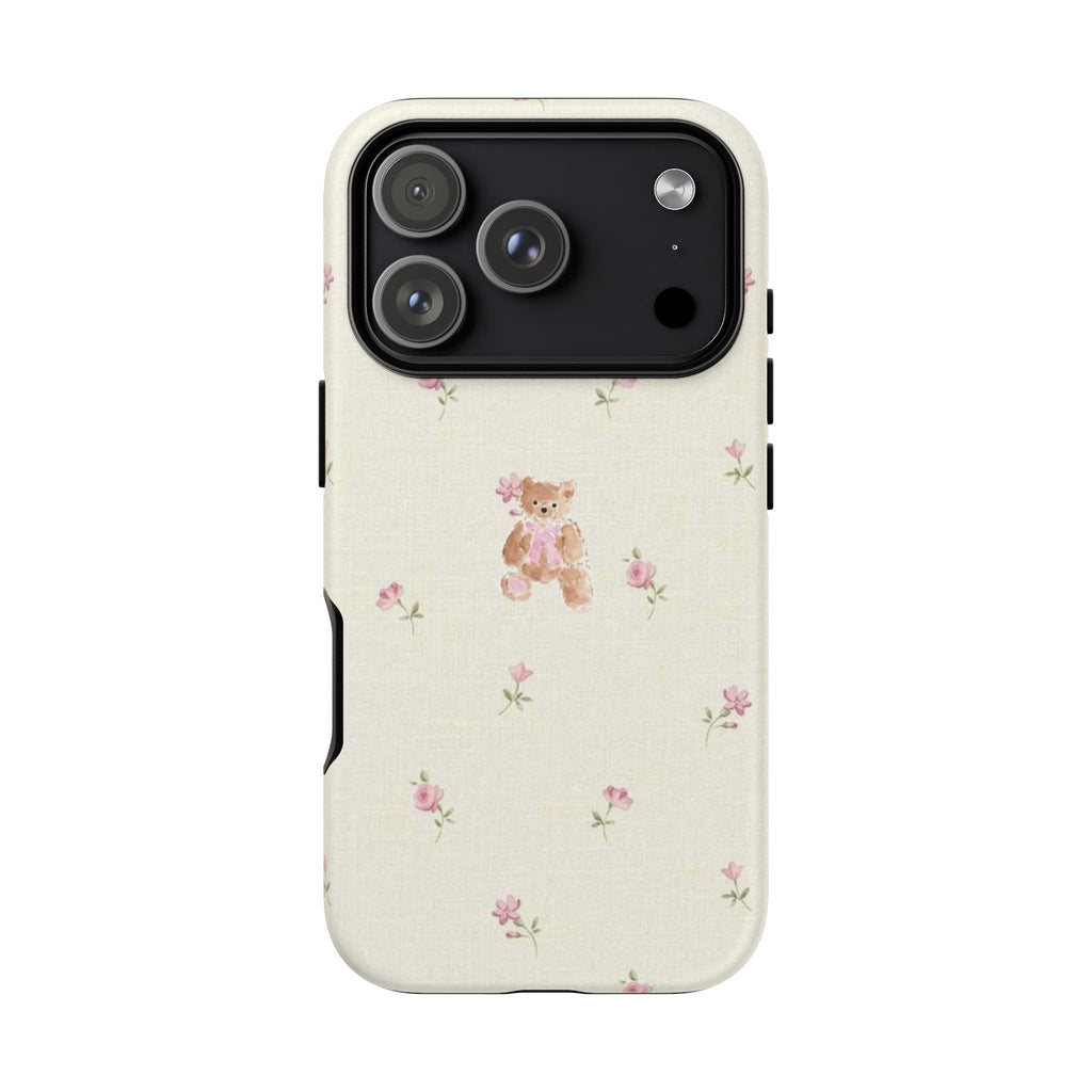 Teddy Floral Tough Phone Case — Cute Pastel Bear & Rose Pattern
