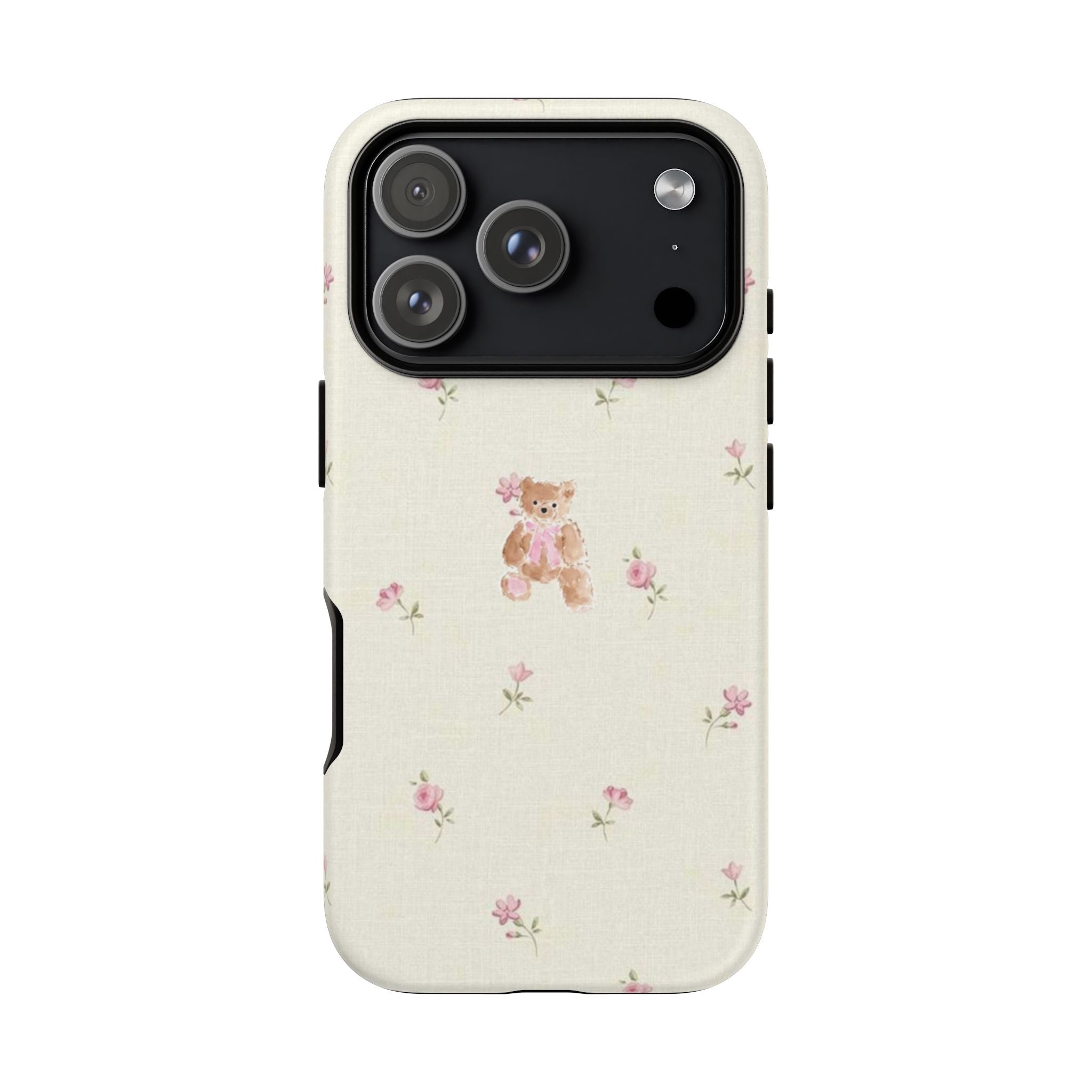 Teddy Floral Tough Phone Case — Cute Pastel Bear & Rose Pattern