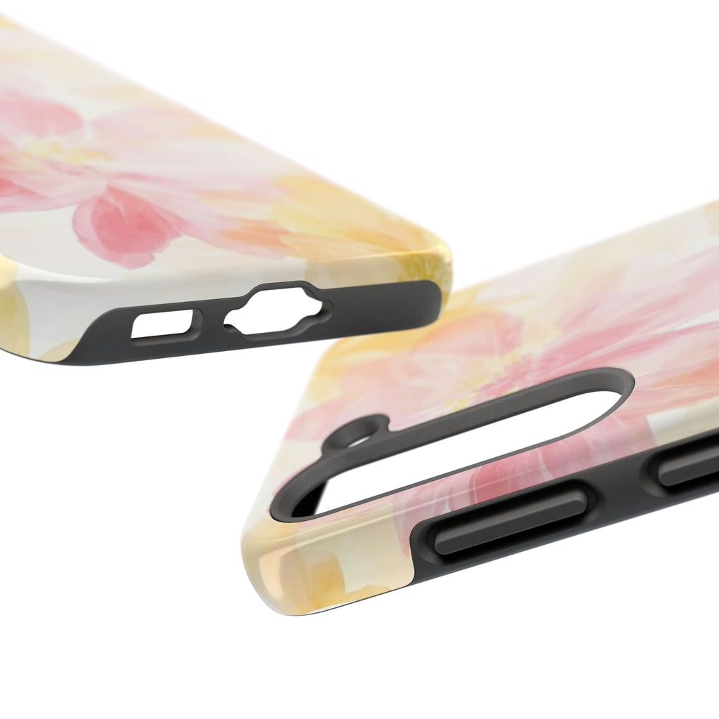 Floral Watercolor Tough Phone Case — Pink & Yellow Bloom Protective Cover