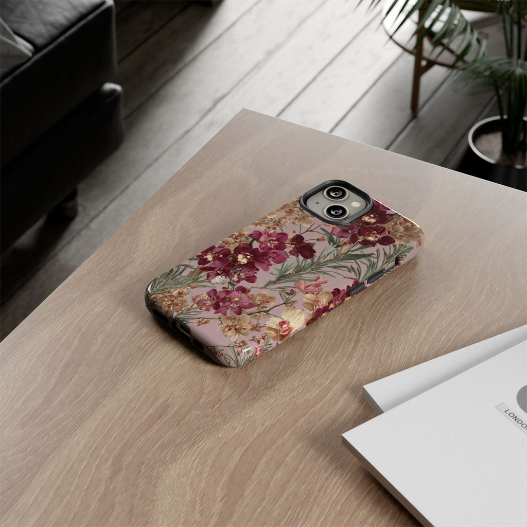Floral Orchid Tough Phone Case — Vintage Pink Burgundy Protection