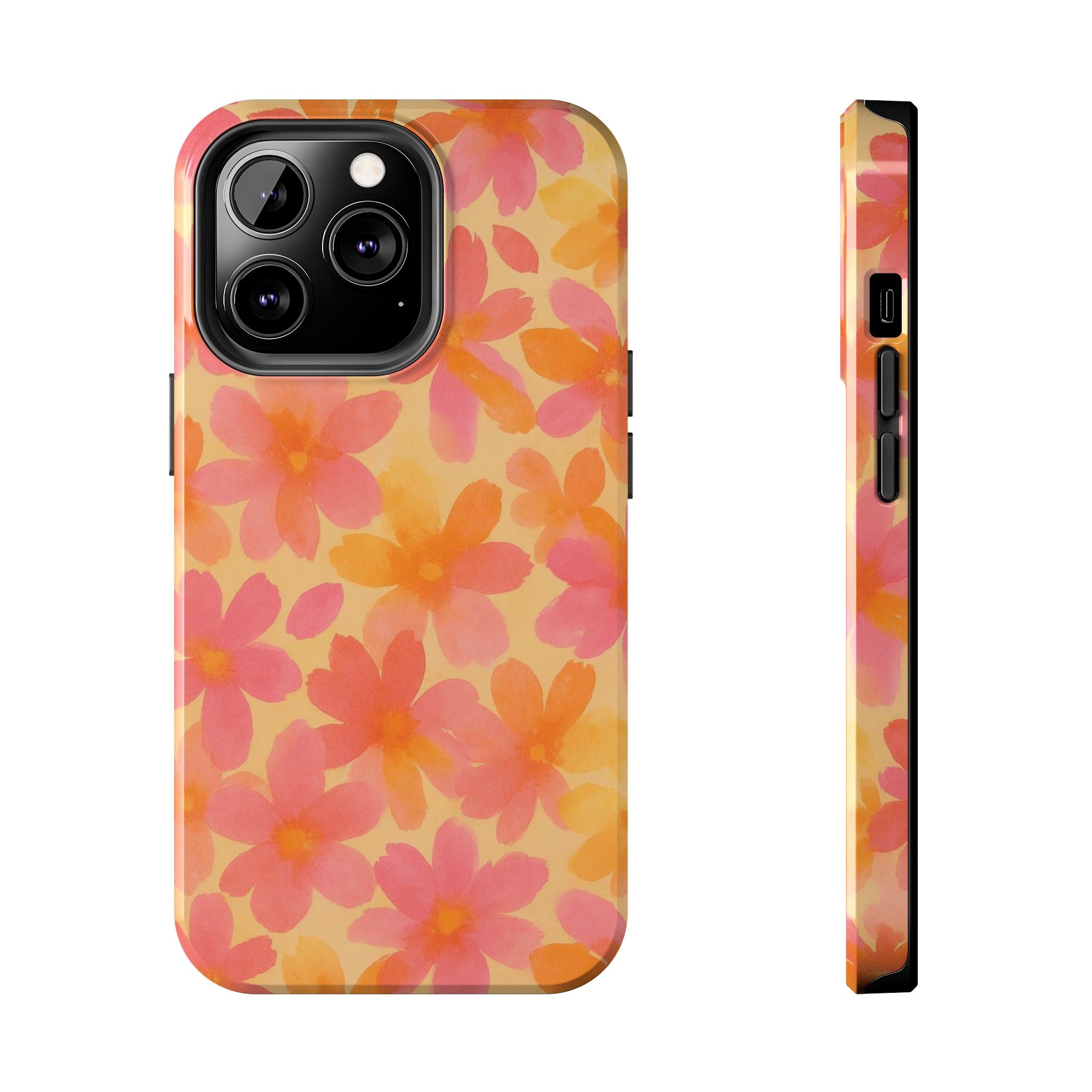 Floral Watercolor Tough Phone Case — Pink & Orange Bloom Protective Cover