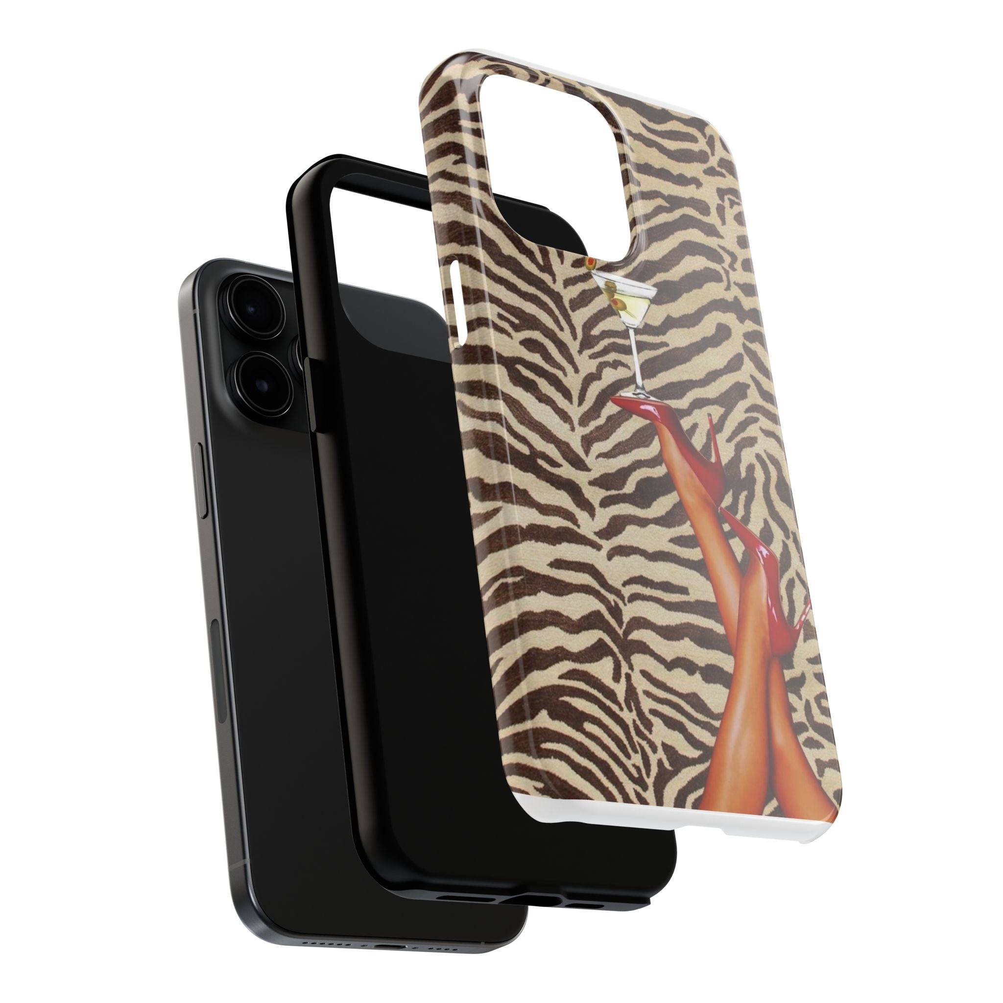 Zebra Glam Tough Phone Case — Martini & Red Heels Retro Style