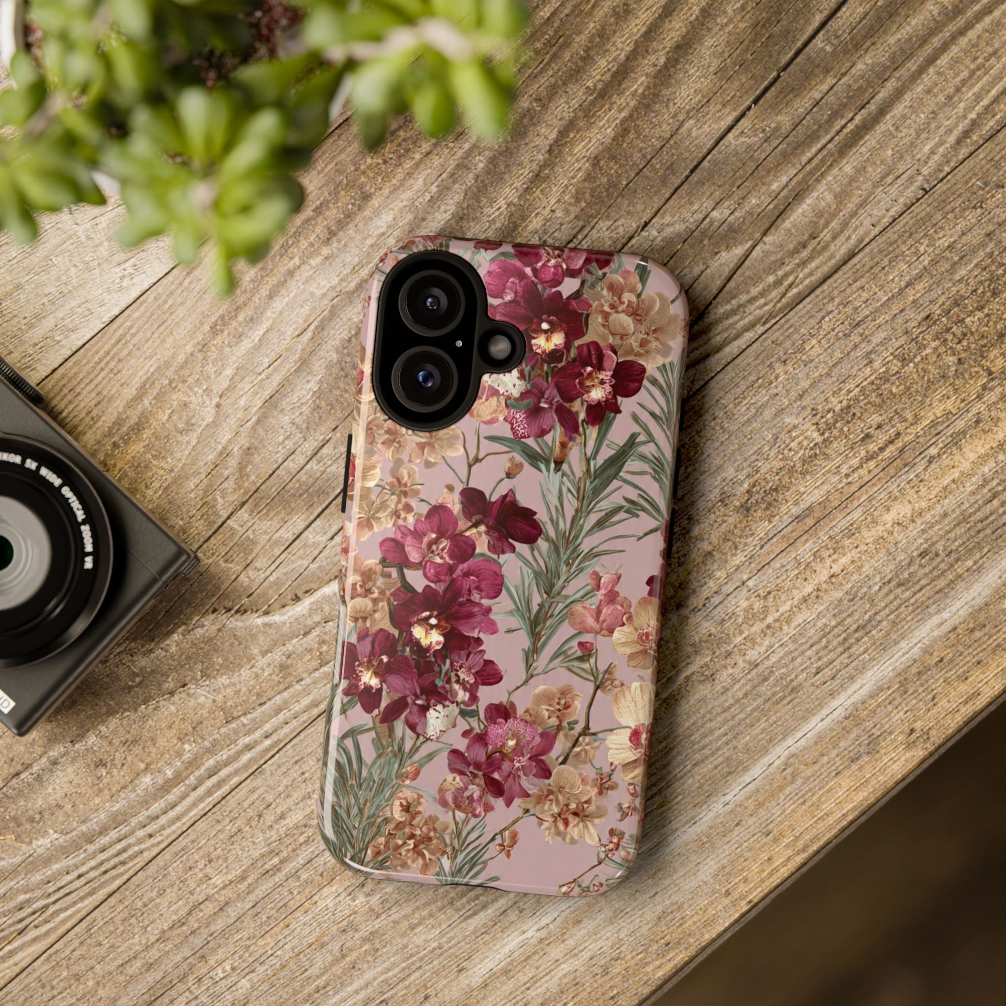 Floral Orchid Tough Phone Case — Vintage Pink Burgundy Protection
