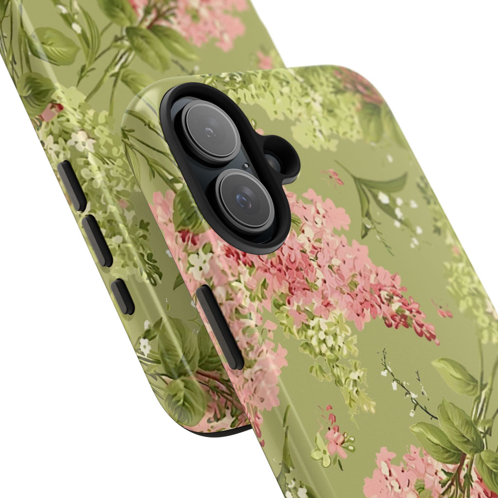 Floral Green Tough Phone Case — Vintage Pink Hydrangea Protective Phone Cover