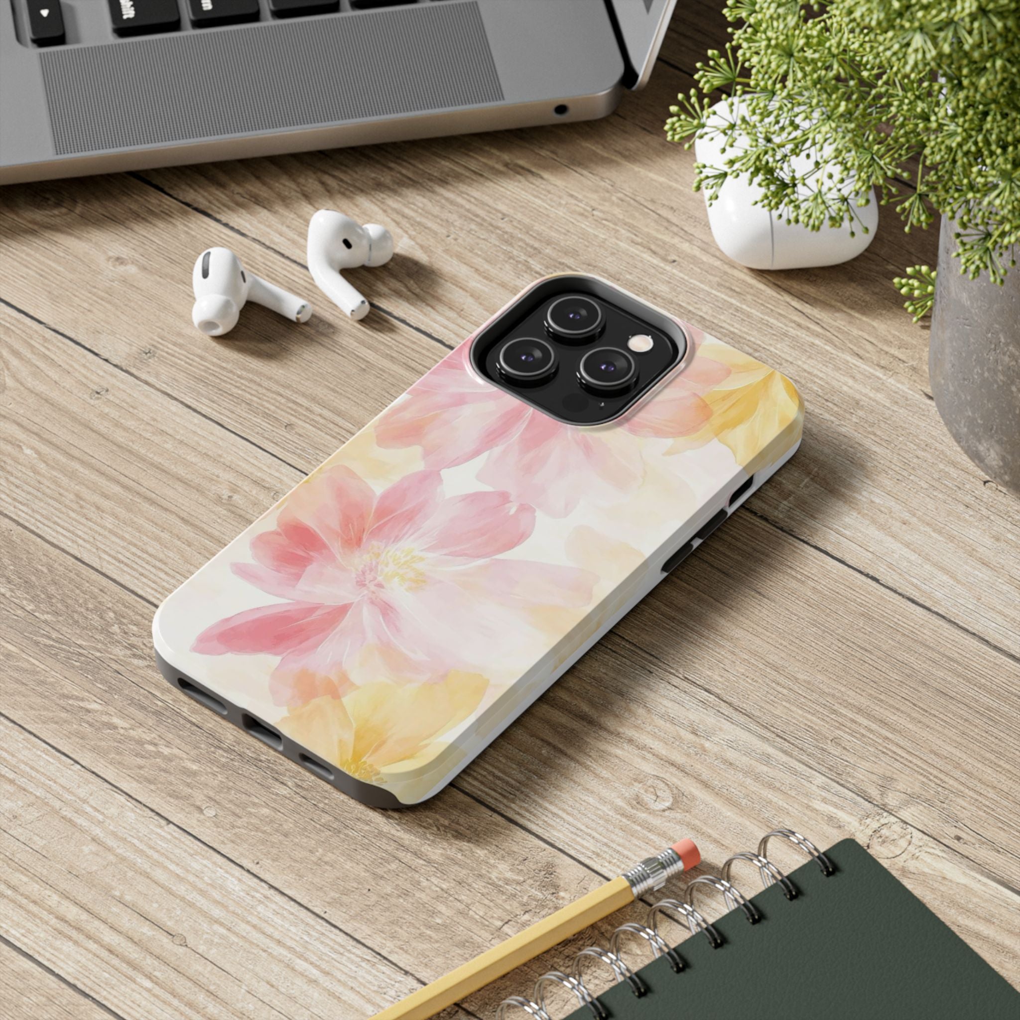 Floral Watercolor Tough Phone Case — Pink & Yellow Bloom Protective Cover