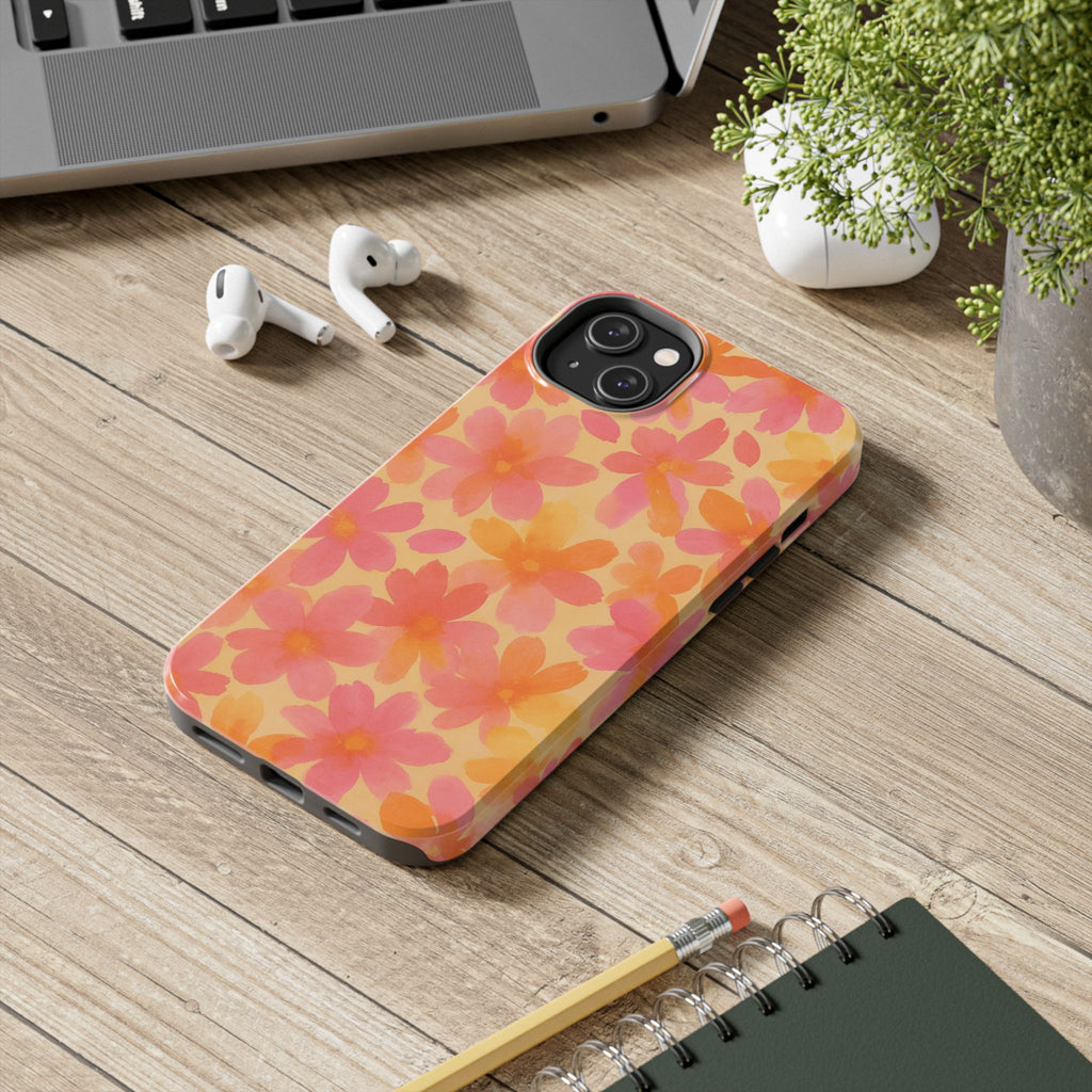 Floral Watercolor Tough Phone Case — Pink & Orange Bloom Protective Cover