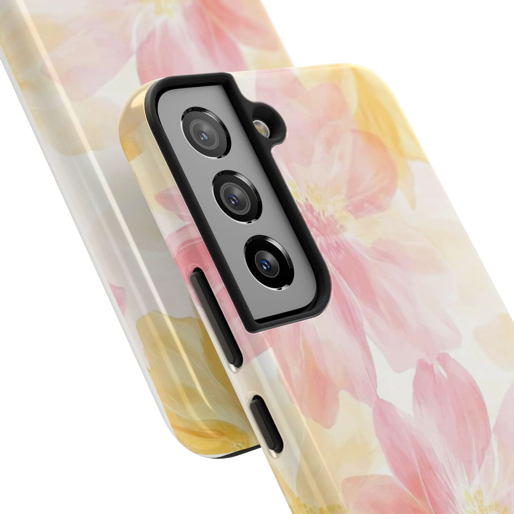 Floral Watercolor Tough Phone Case — Pink & Yellow Bloom Protective Cover