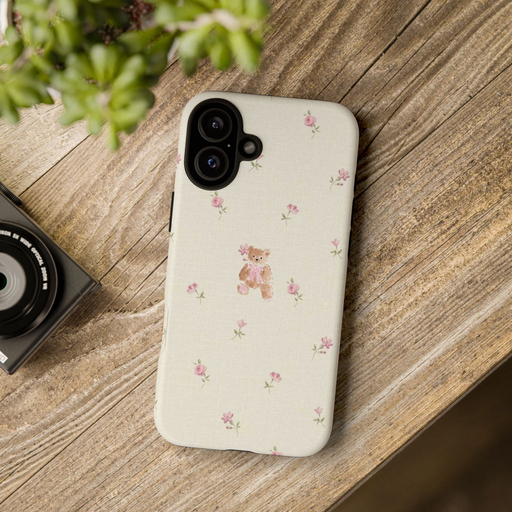 Teddy Floral Tough Phone Case — Cute Pastel Bear & Rose Pattern