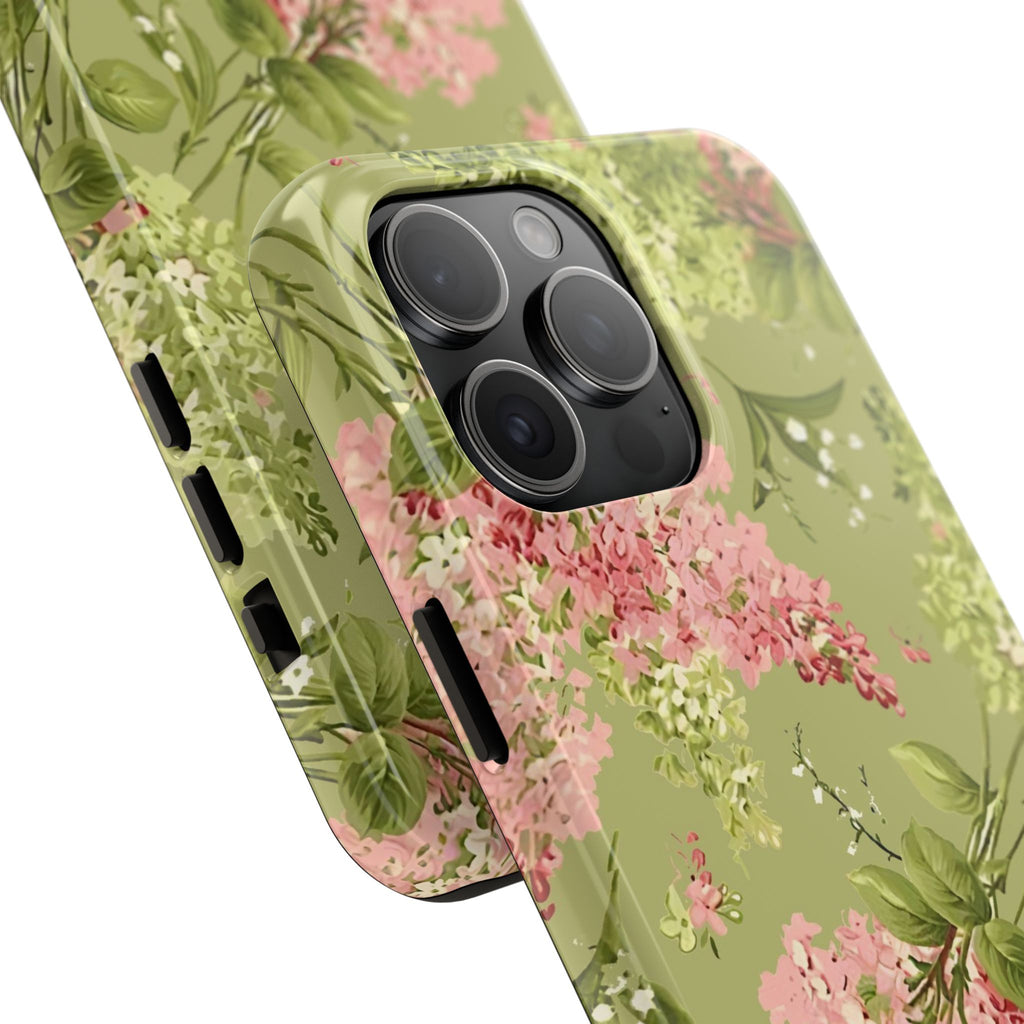 Floral Green Tough Phone Case — Vintage Pink Hydrangea Protective Phone Cover