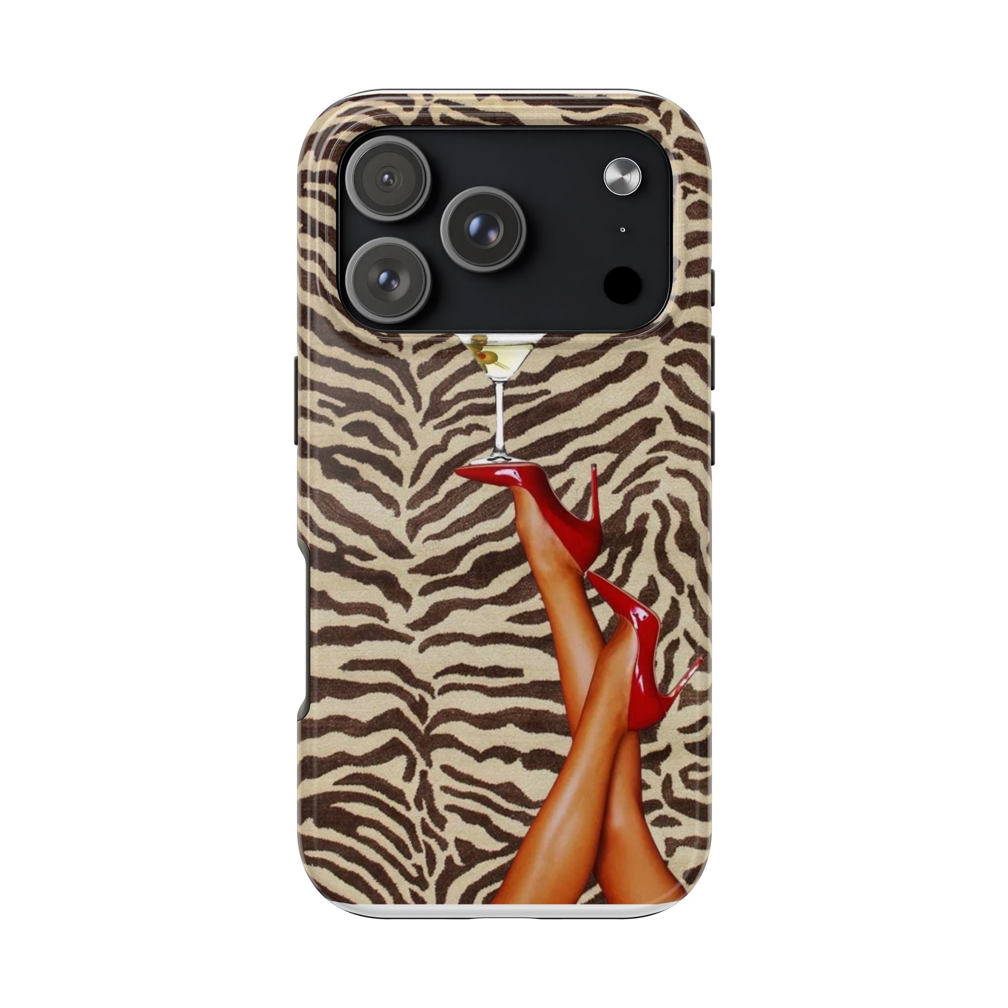 Zebra Glam Tough Phone Case — Martini & Red Heels Retro Style
