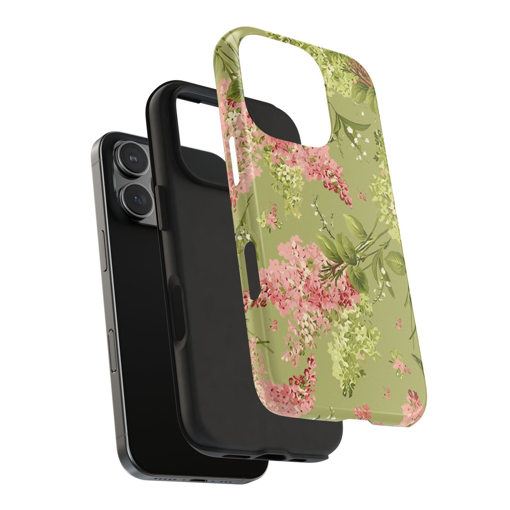 Floral Green Tough Phone Case — Vintage Pink Hydrangea Protective Phone Cover