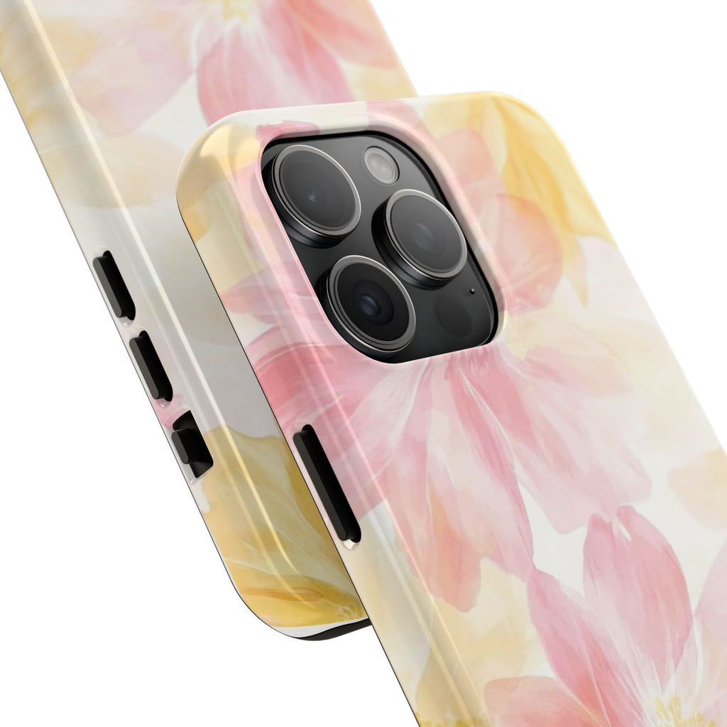 Floral Watercolor Tough Phone Case — Pink & Yellow Bloom Protective Cover