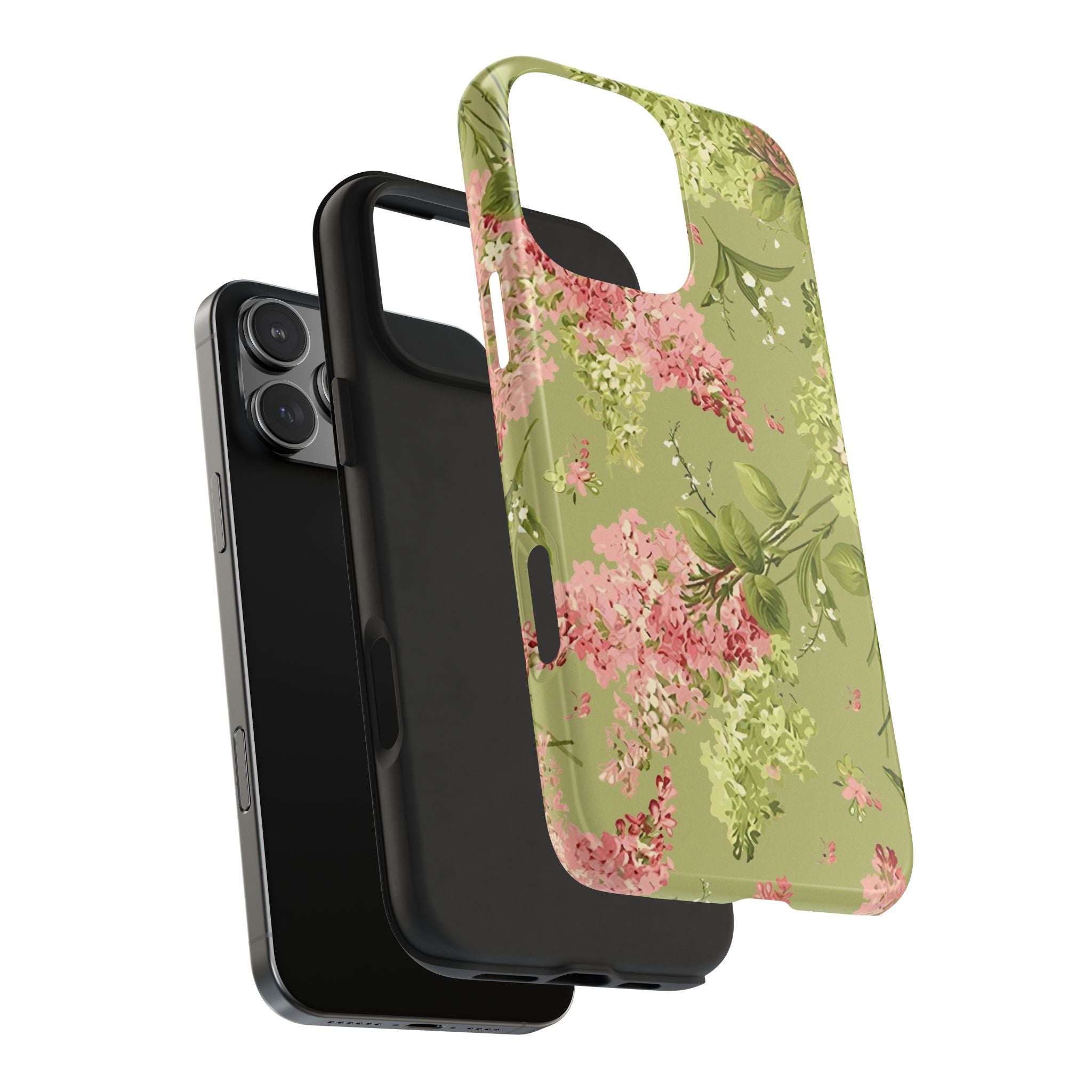 Floral Green Tough Phone Case — Vintage Pink Hydrangea Protective Phone Cover
