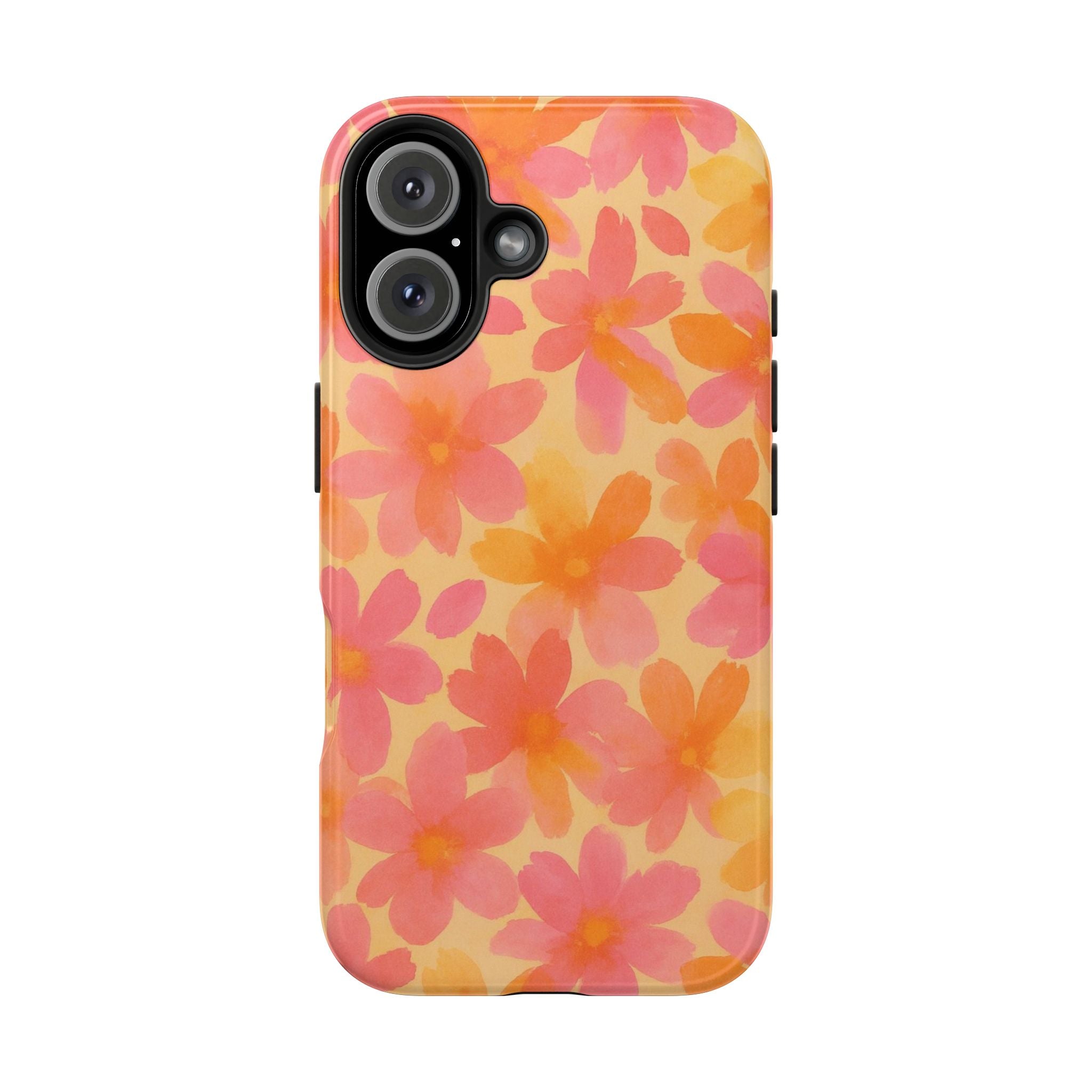 Floral Watercolor Tough Phone Case — Pink & Orange Bloom Protective Cover
