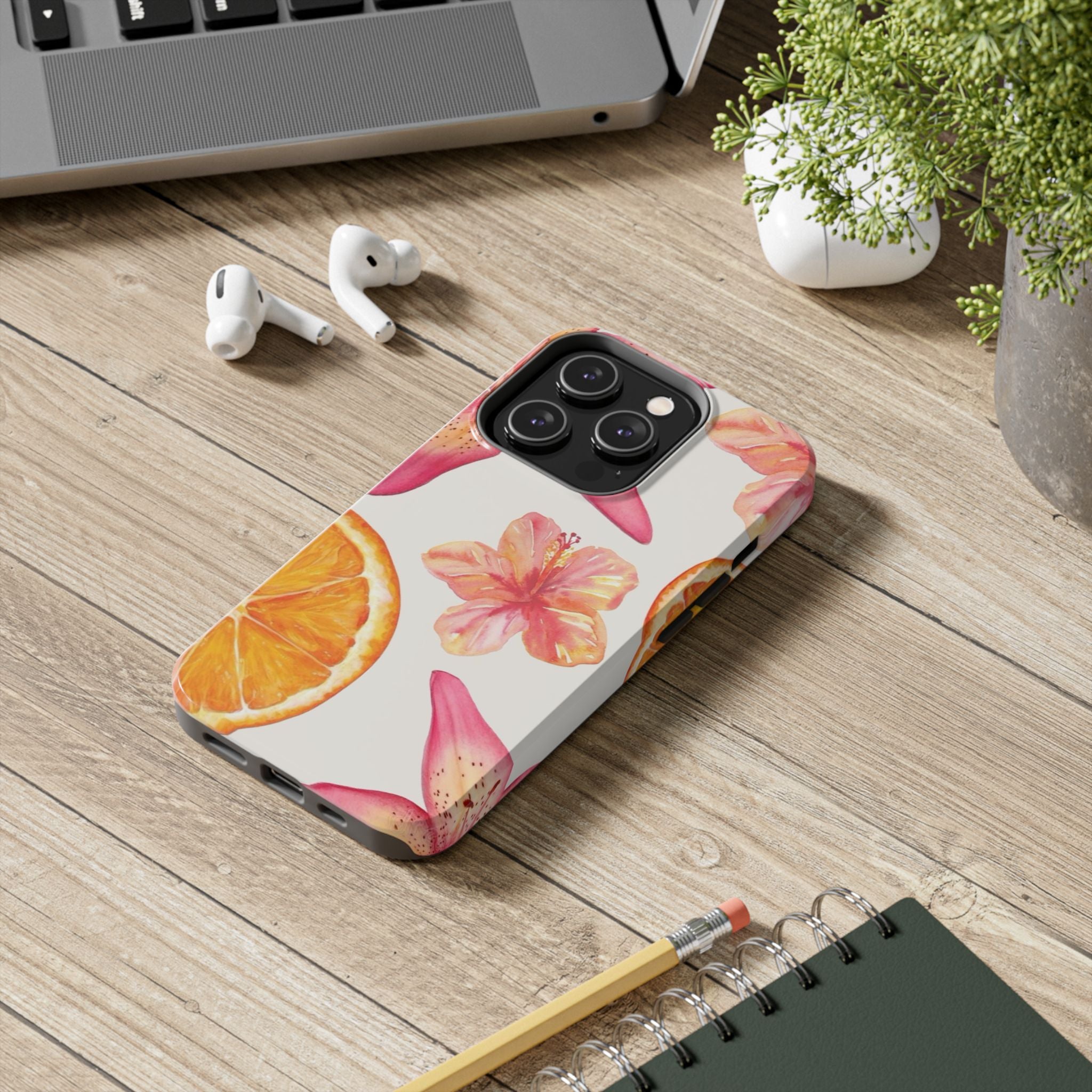 Tough Phone Case — Tropical Citrus & Pink Hibiscus Design