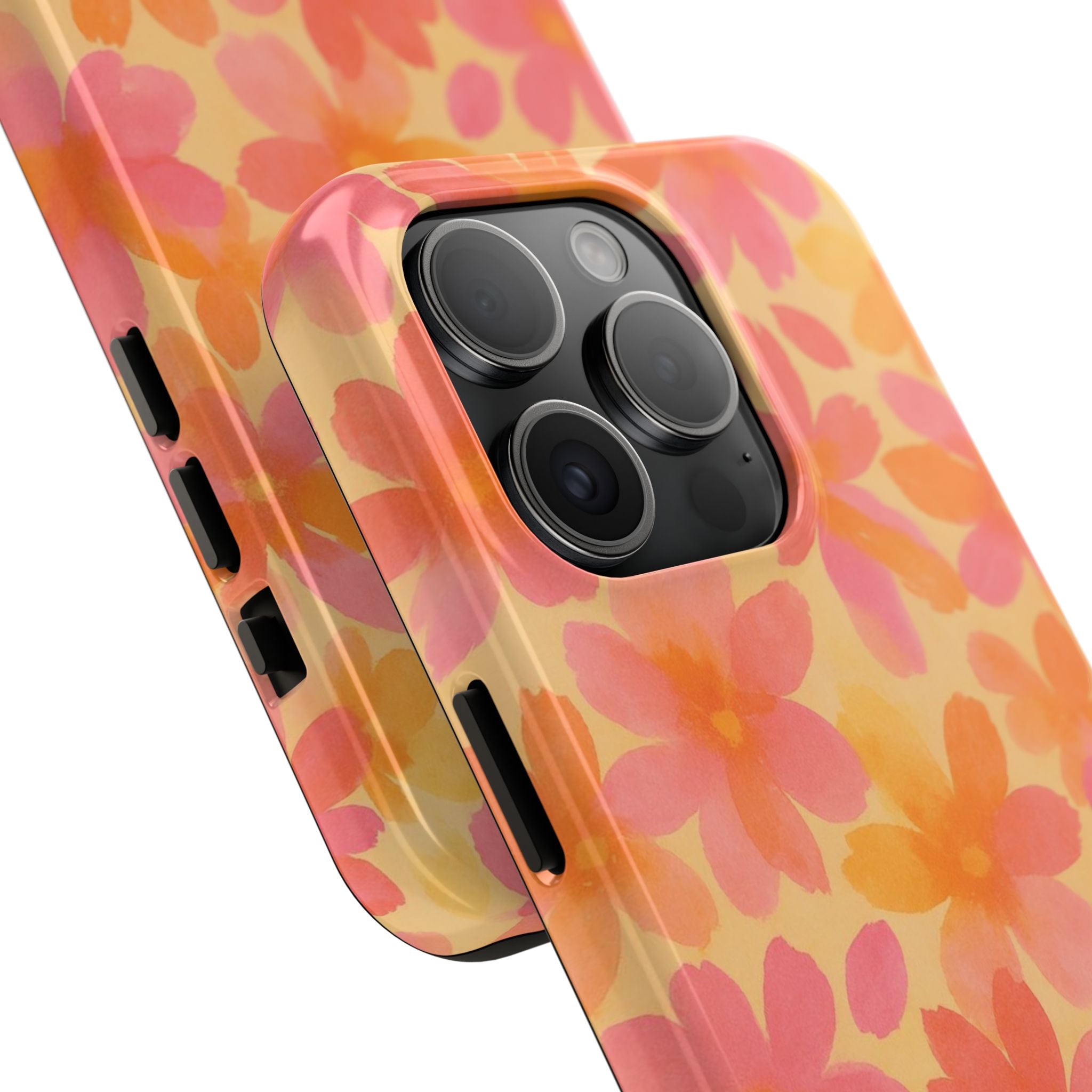 Floral Watercolor Tough Phone Case — Pink & Orange Bloom Protective Cover