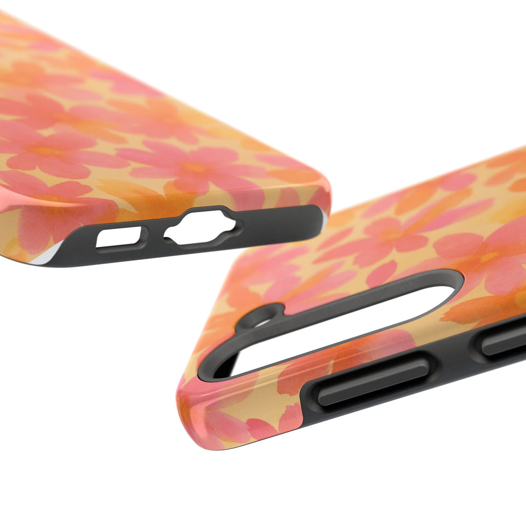 Floral Watercolor Tough Phone Case — Pink & Orange Bloom Protective Cover