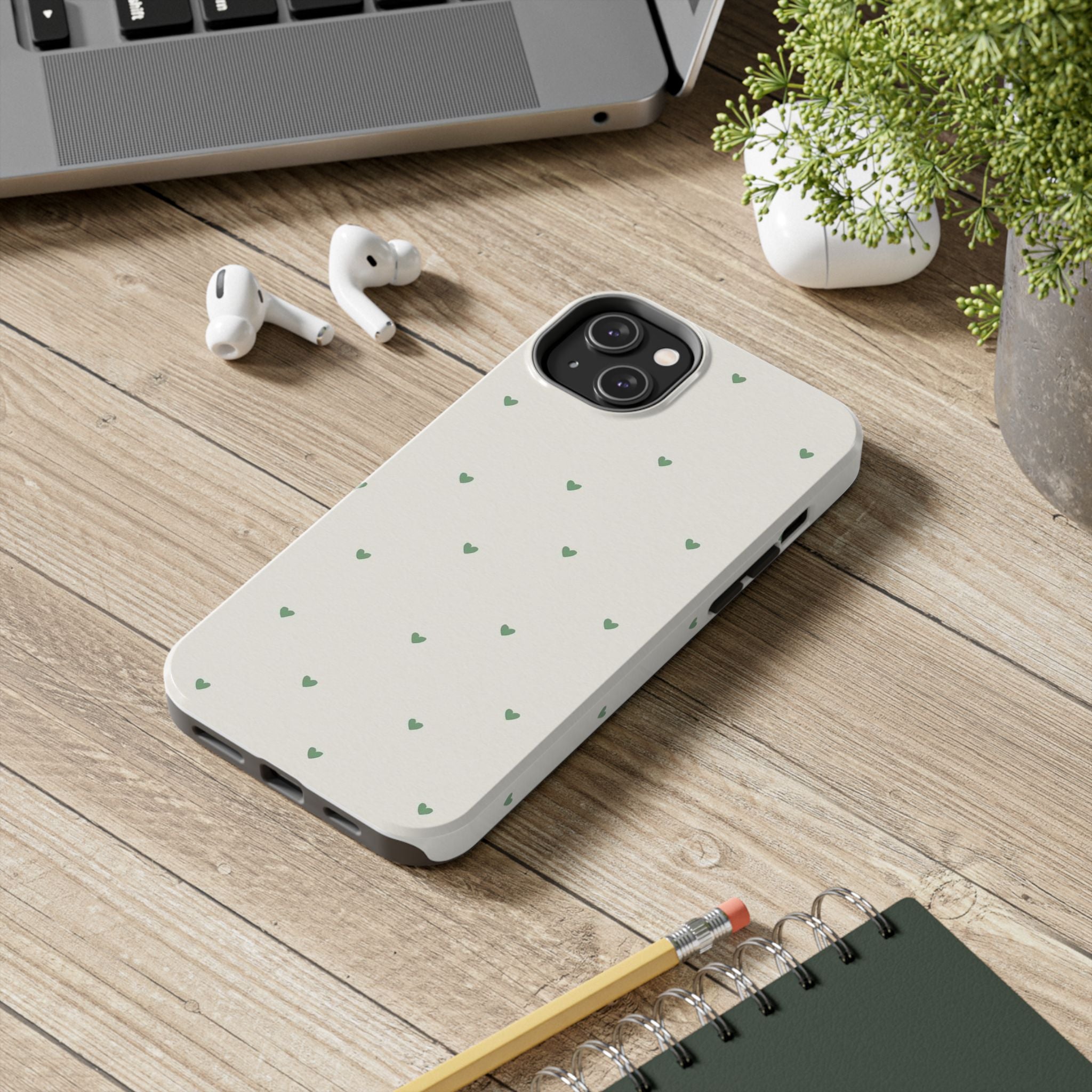 Minimal Green Heart Tough Phone Case — Protective Cute Patterned iPhone Case