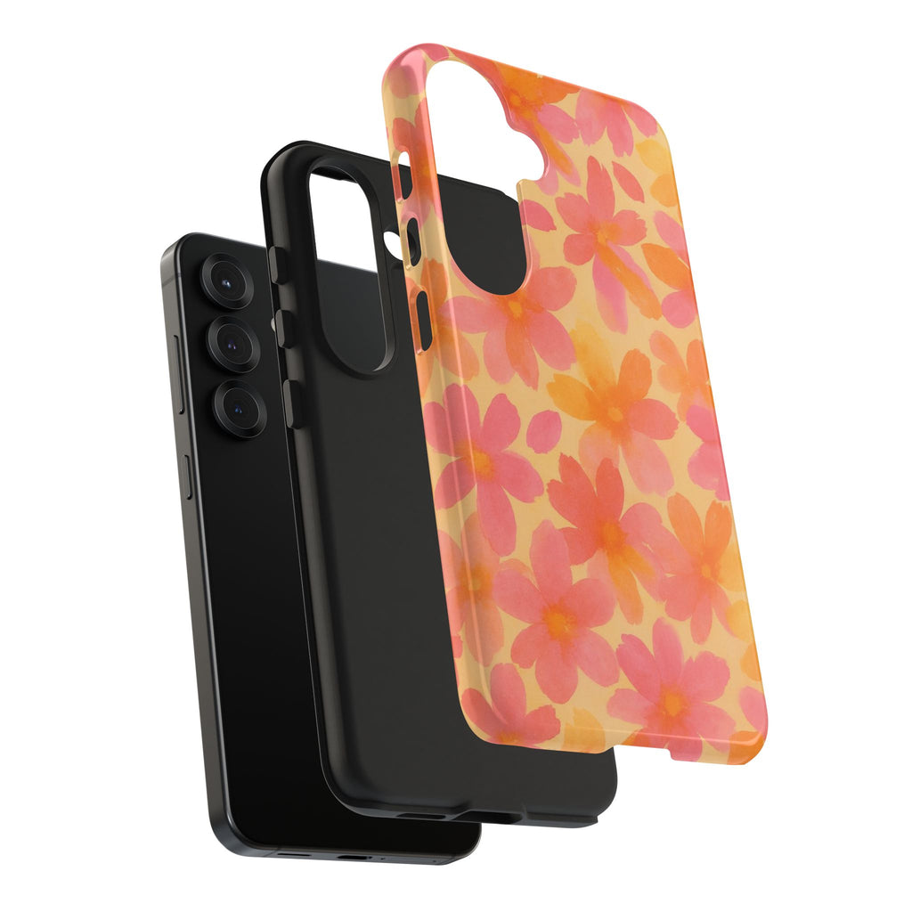 Floral Watercolor Tough Phone Case — Pink & Orange Bloom Protective Cover