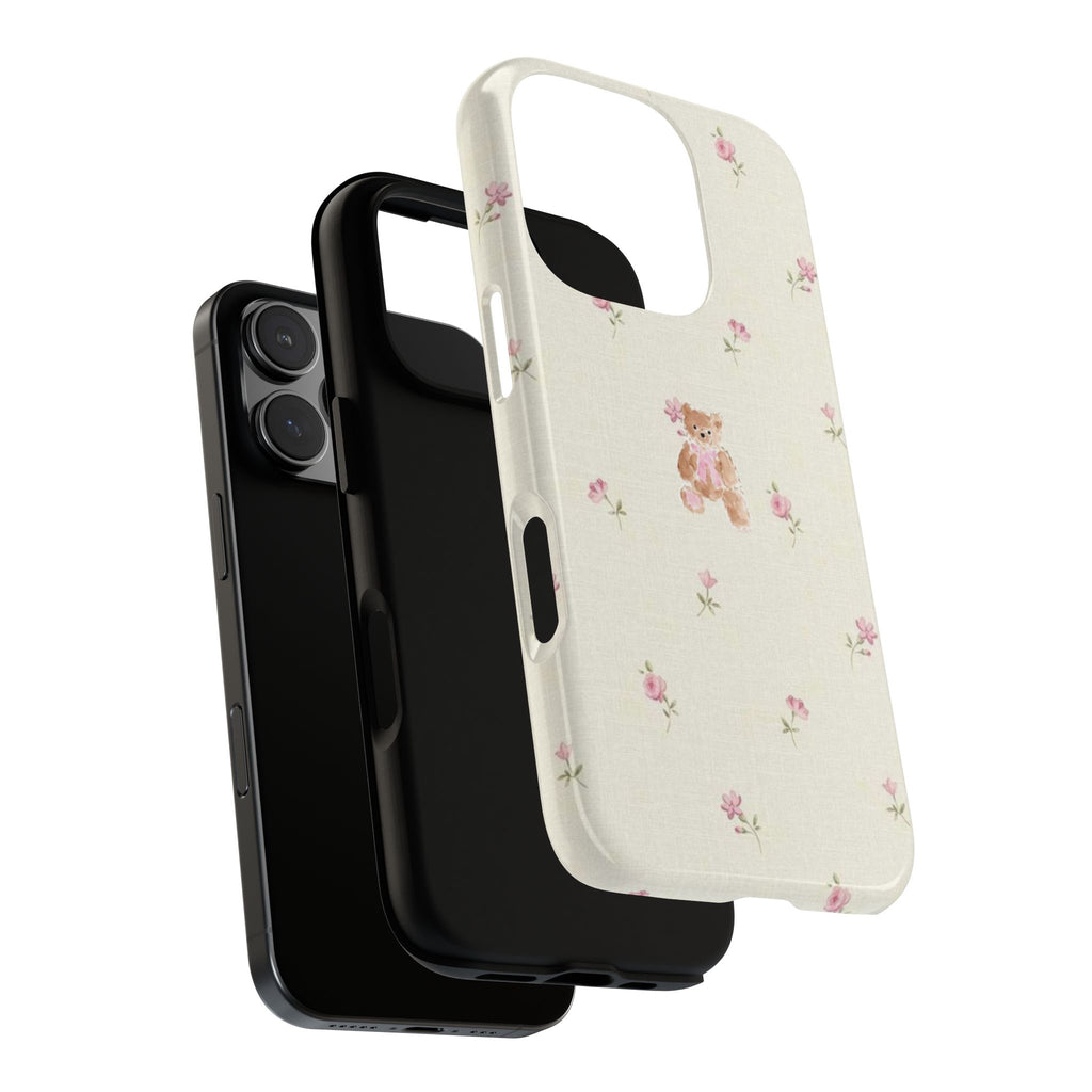 Teddy Floral Tough Phone Case — Cute Pastel Bear & Rose Pattern