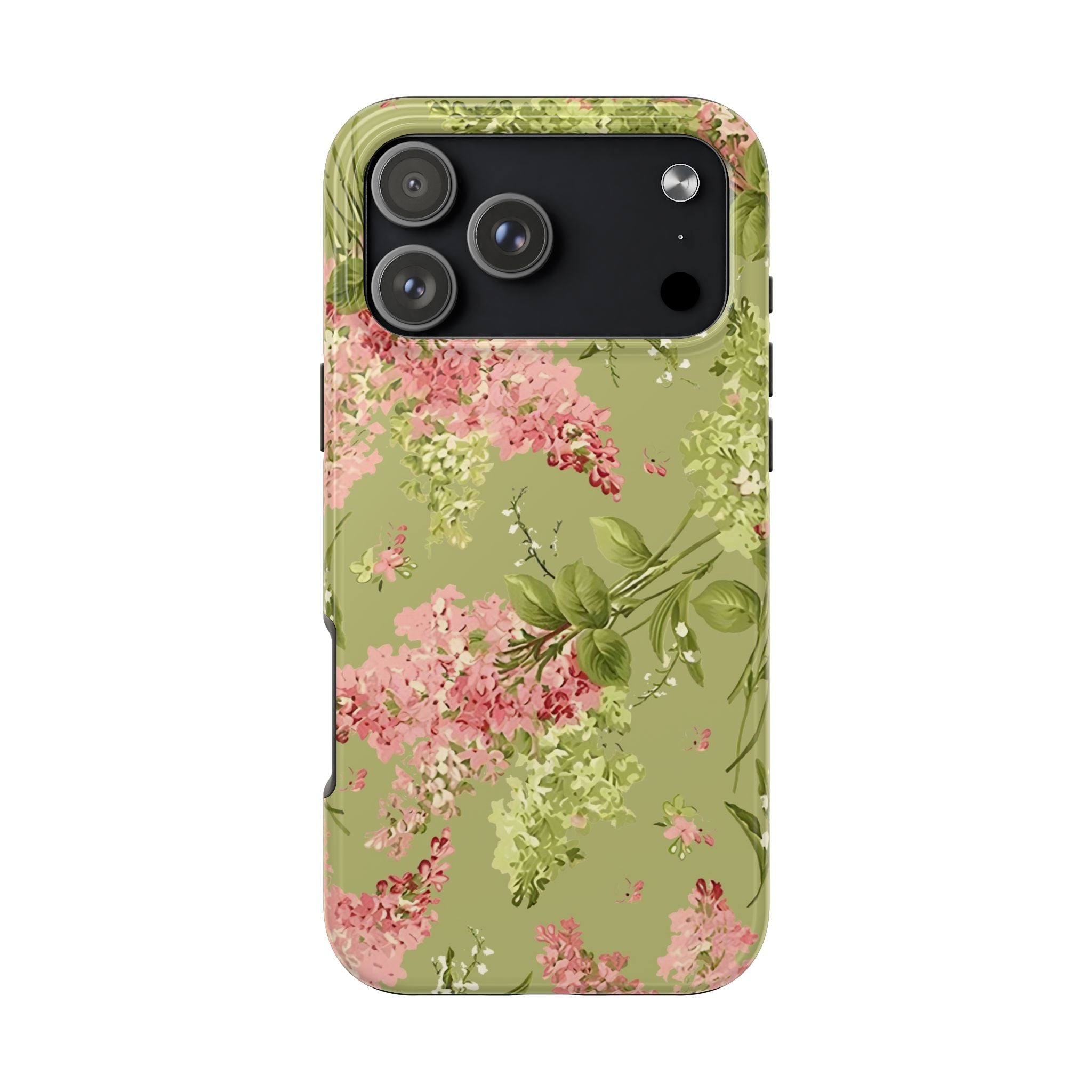 Floral Green Tough Phone Case — Vintage Pink Hydrangea Protective Phone Cover