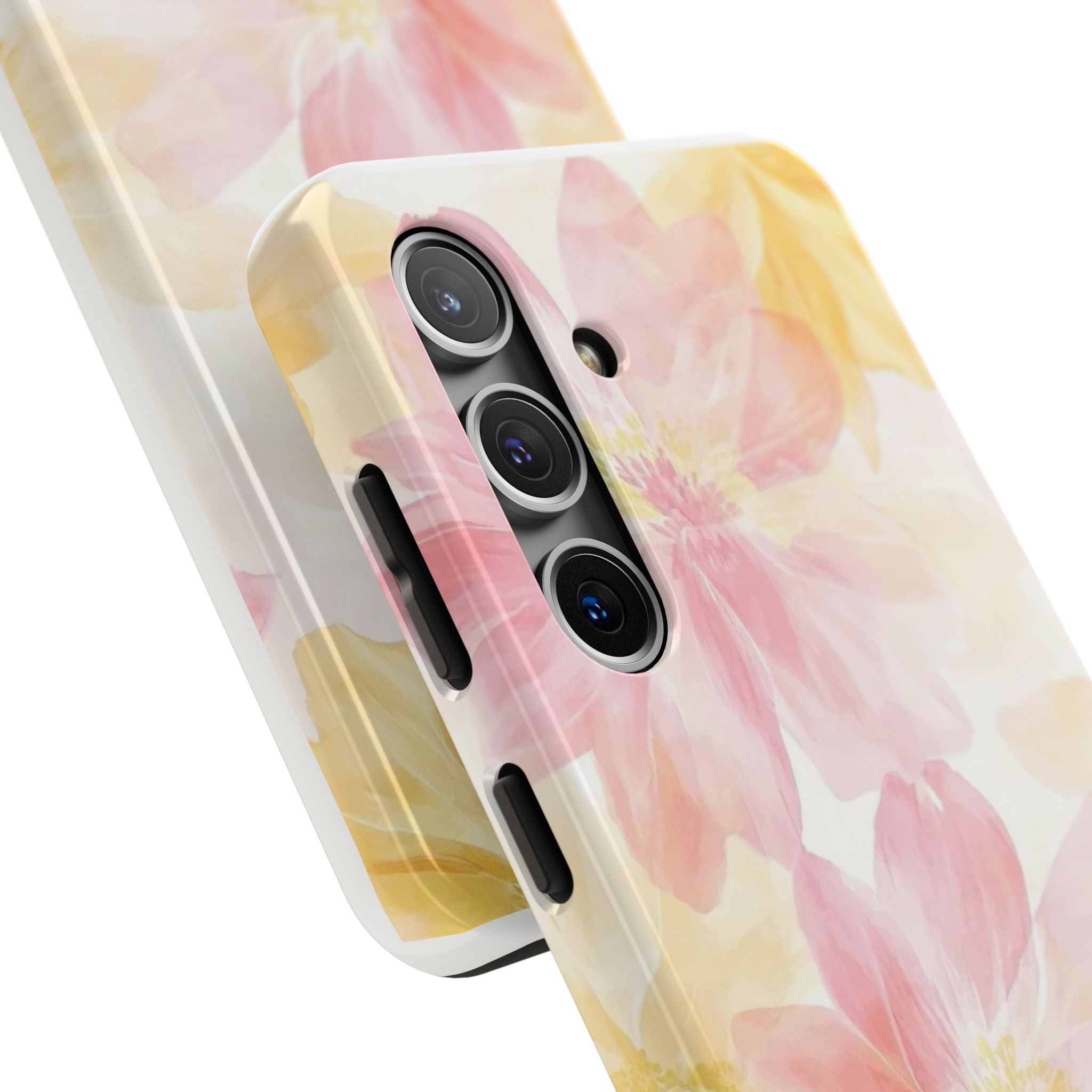 Floral Watercolor Tough Phone Case — Pink & Yellow Bloom Protective Cover
