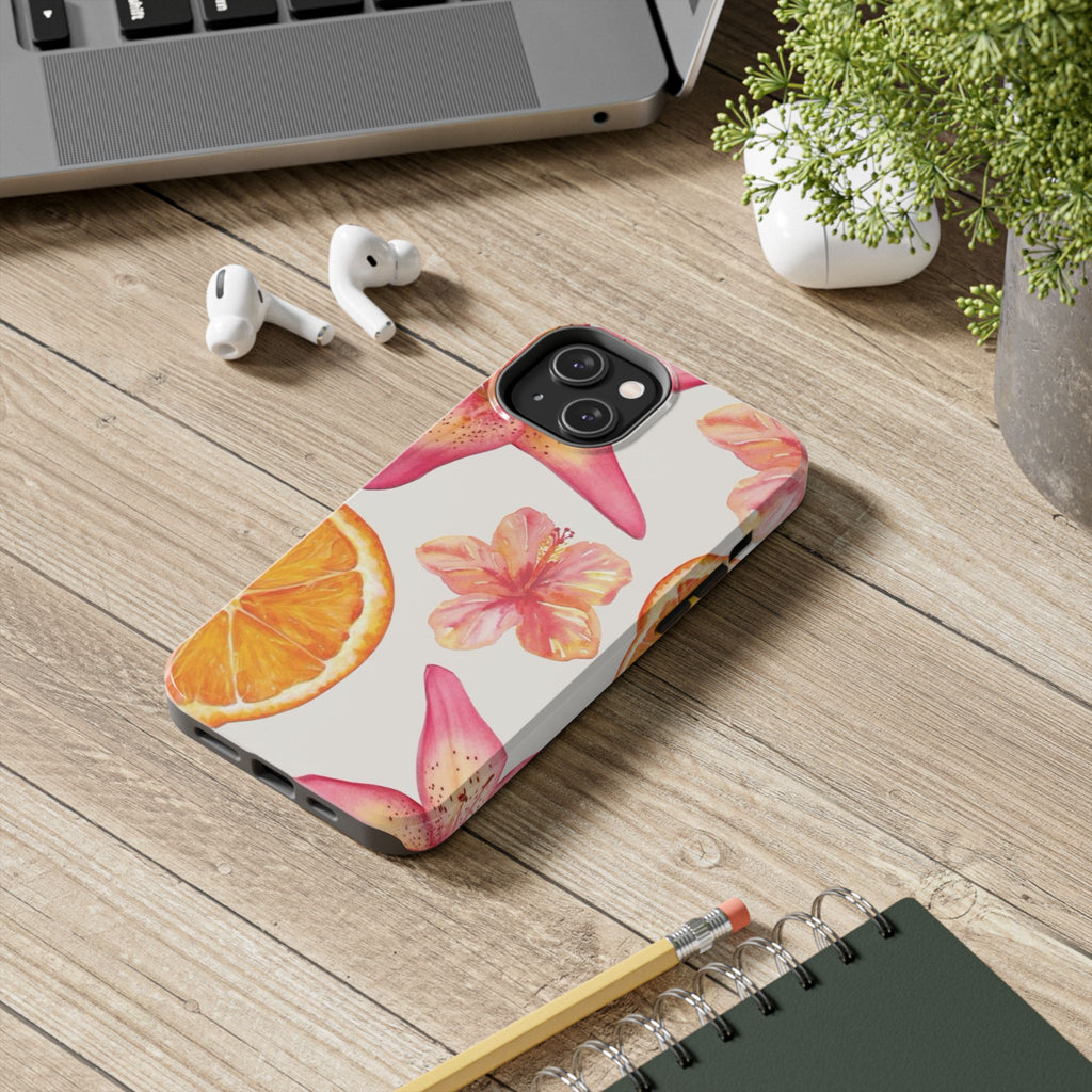 Tough Phone Case — Tropical Citrus & Pink Hibiscus Design