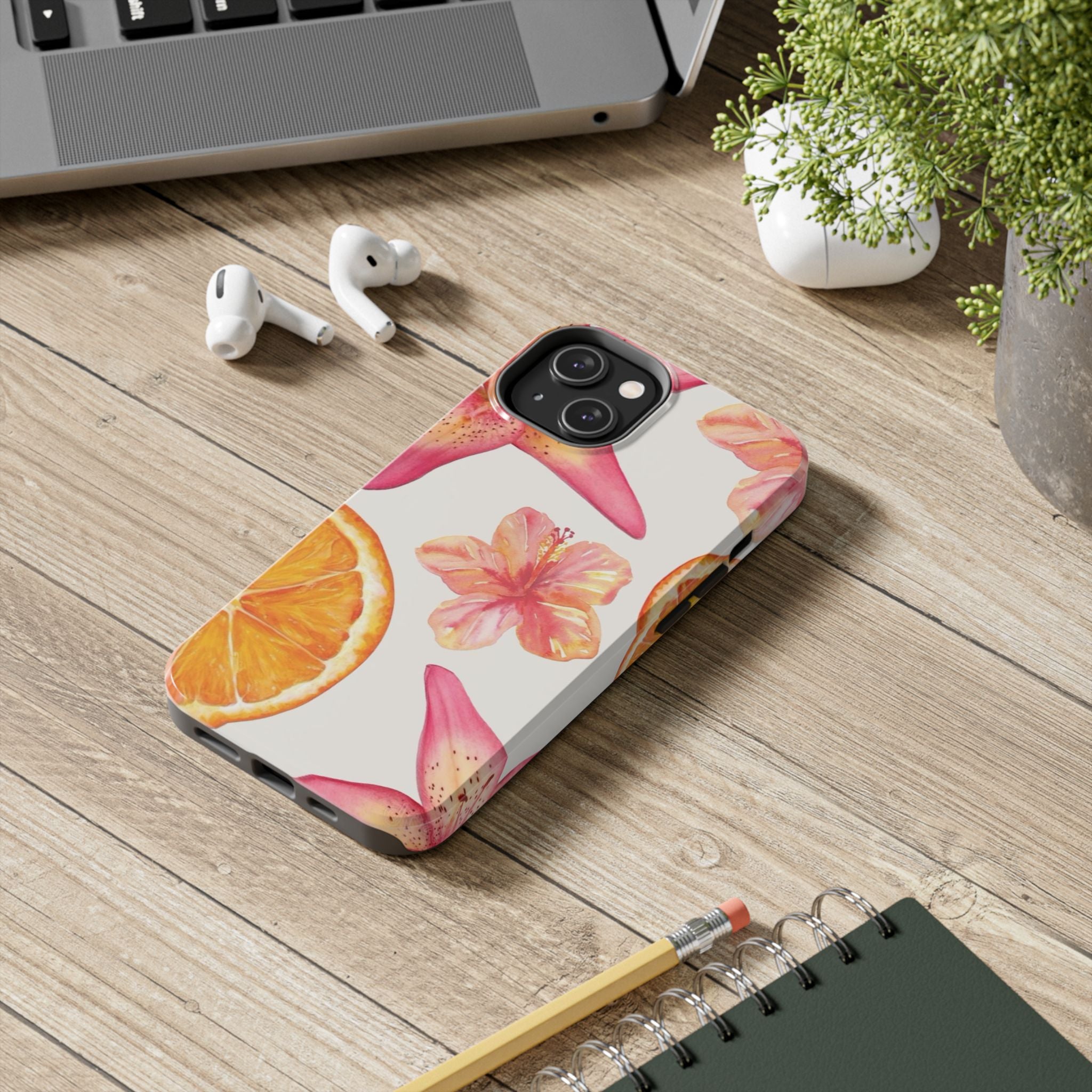 Tough Phone Case — Tropical Citrus & Pink Hibiscus Design