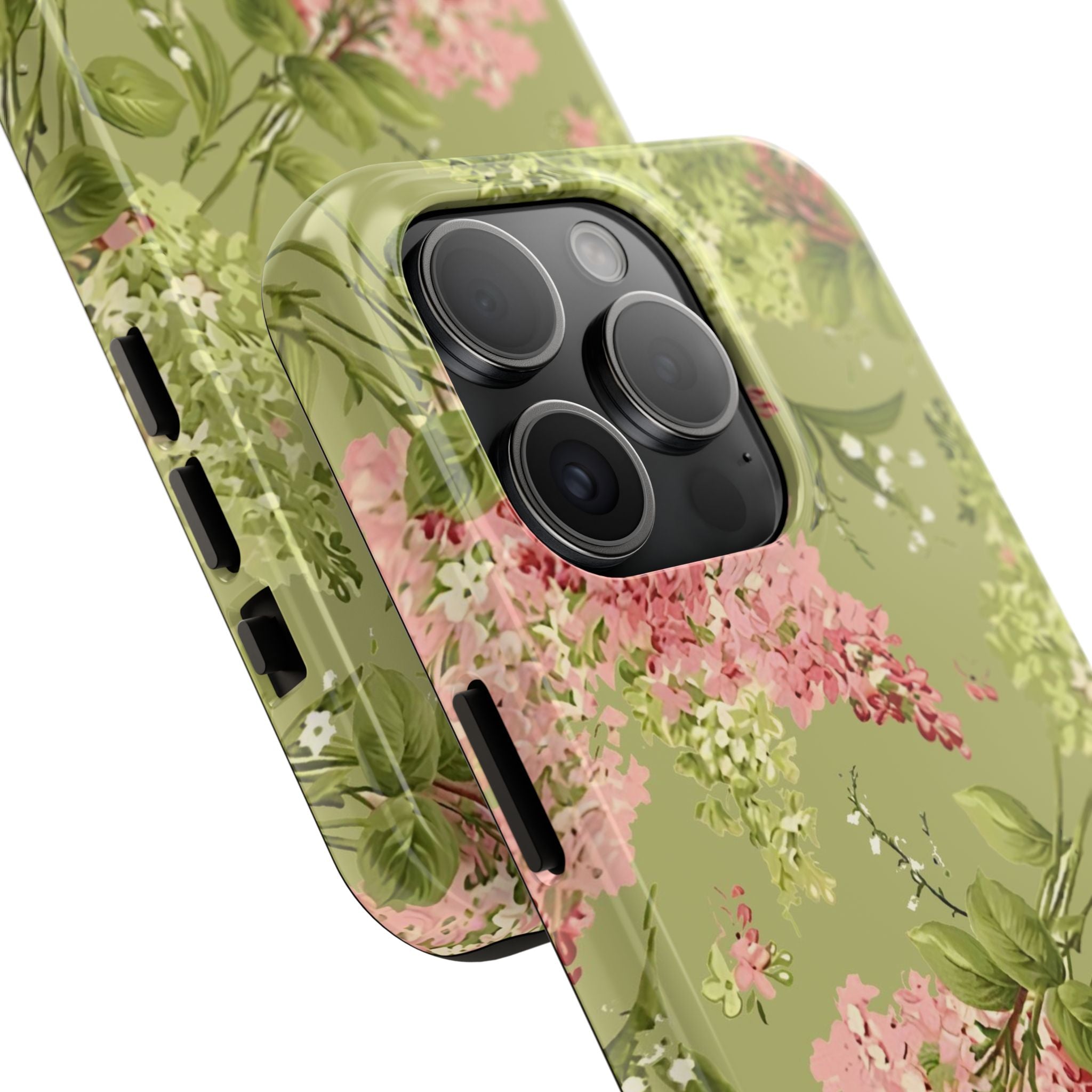Floral Green Tough Phone Case — Vintage Pink Hydrangea Protective Phone Cover