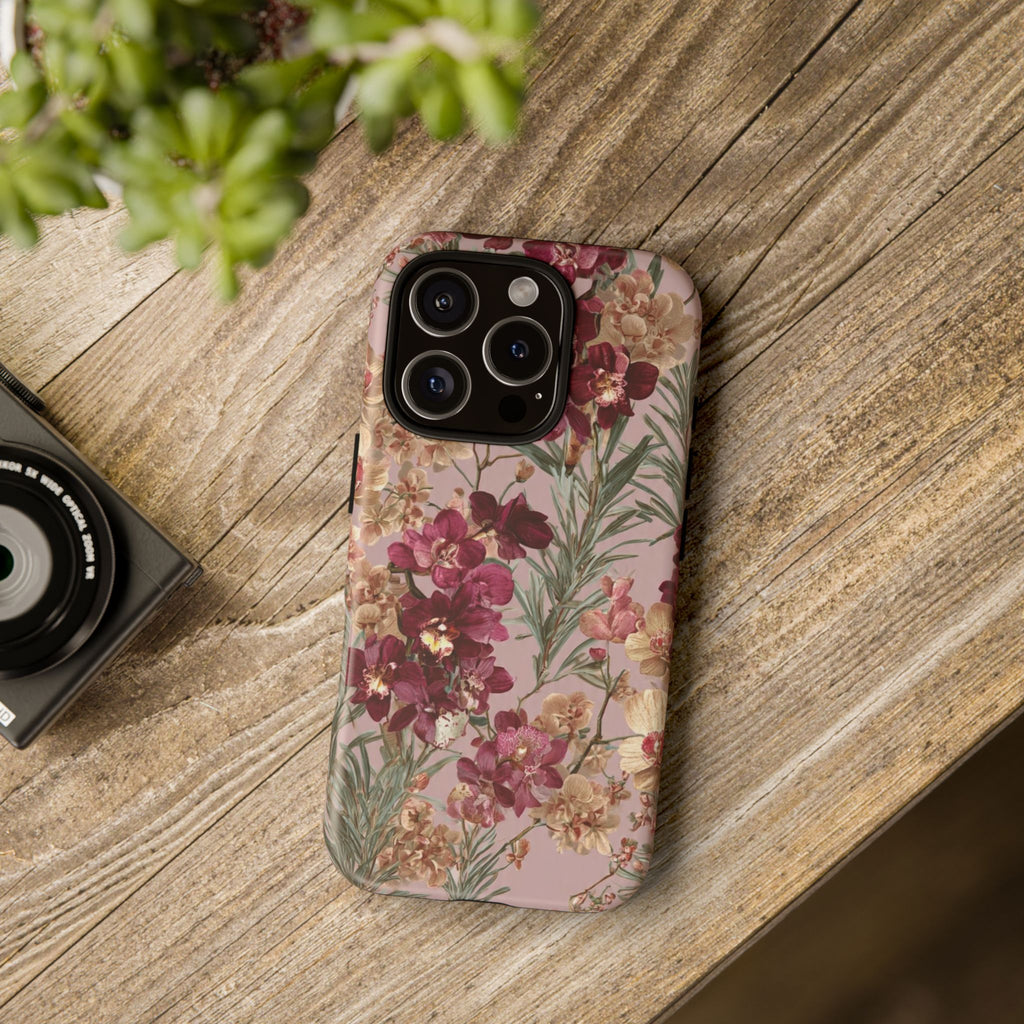 Floral Orchid Tough Phone Case — Vintage Pink Burgundy Protection