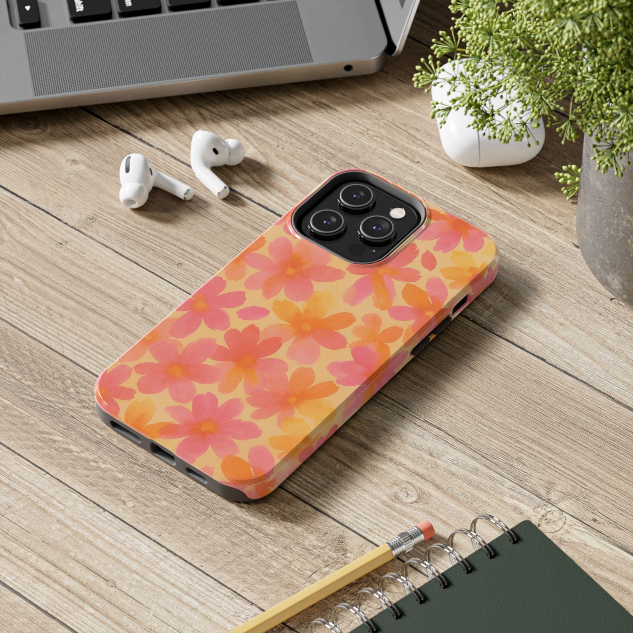 Floral Watercolor Tough Phone Case — Pink & Orange Bloom Protective Cover
